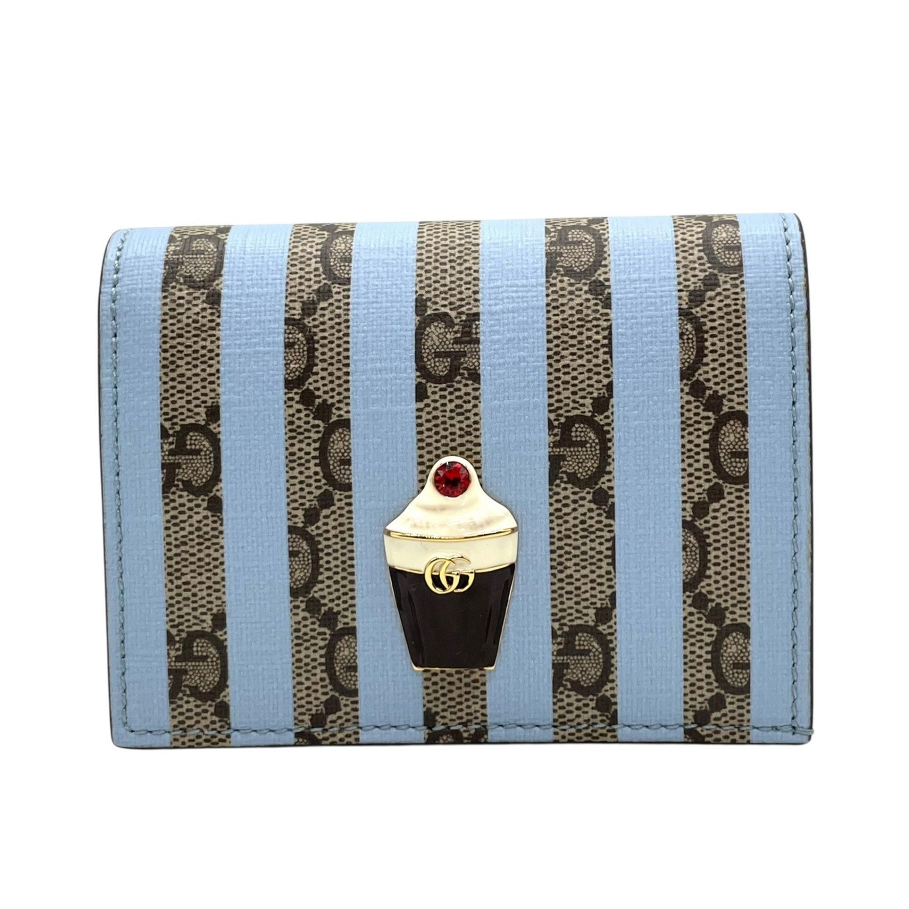 GUCCI GG Supreme Ice Cream Bifold Compact Wallet in Beige and Light Blue Leather, Women's, M2