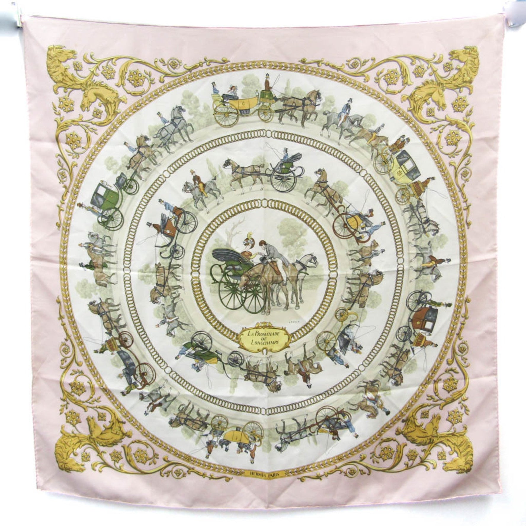 Hermes Carre 90 LA PROMENADE DE LONGCHAMPS Silk Scarf Light Beige,Light Pink