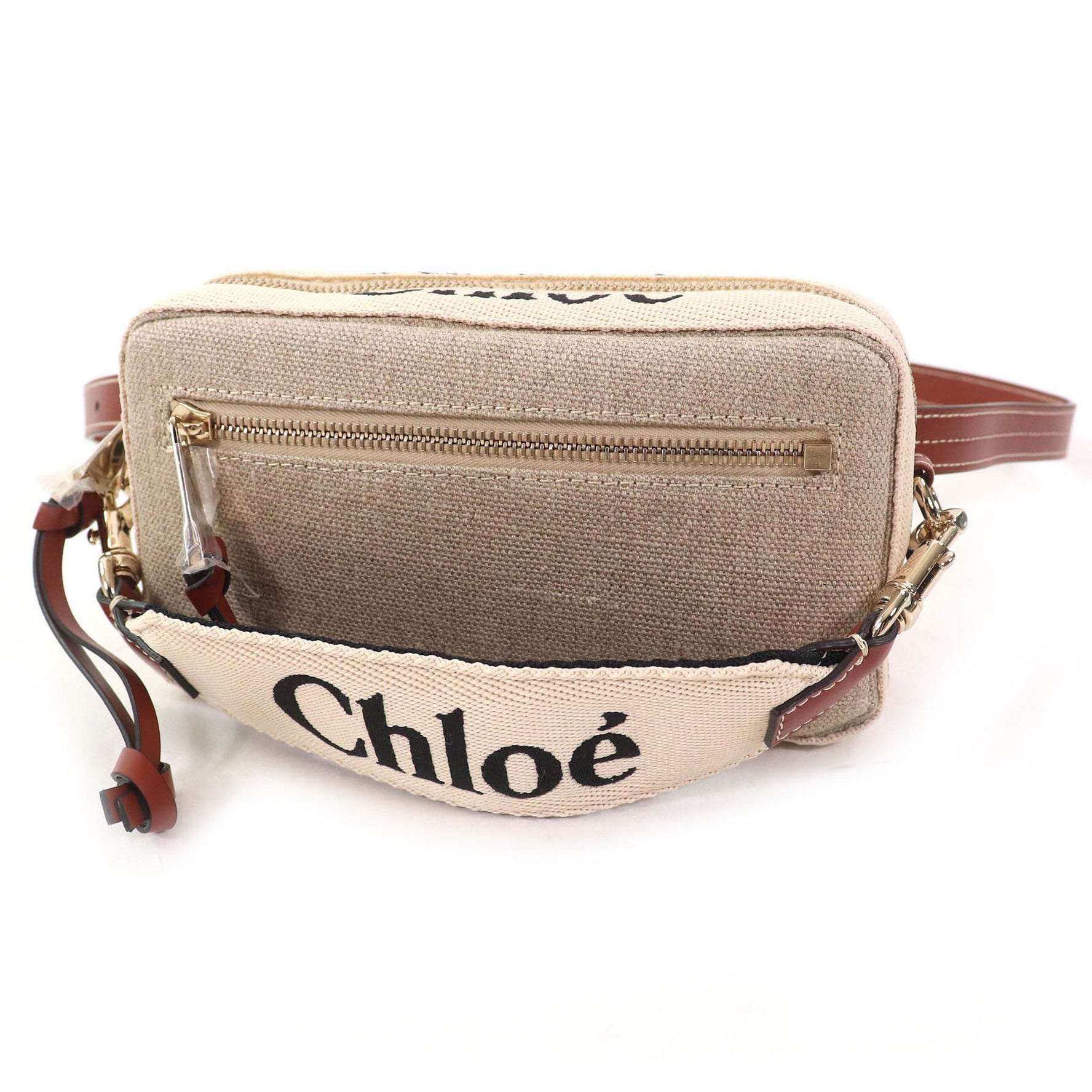 Chloé Chloe WOODY linen and leather accents with logo waist pouch, crossbody bag, shoulder beige or brown, includes dust made in Italy.