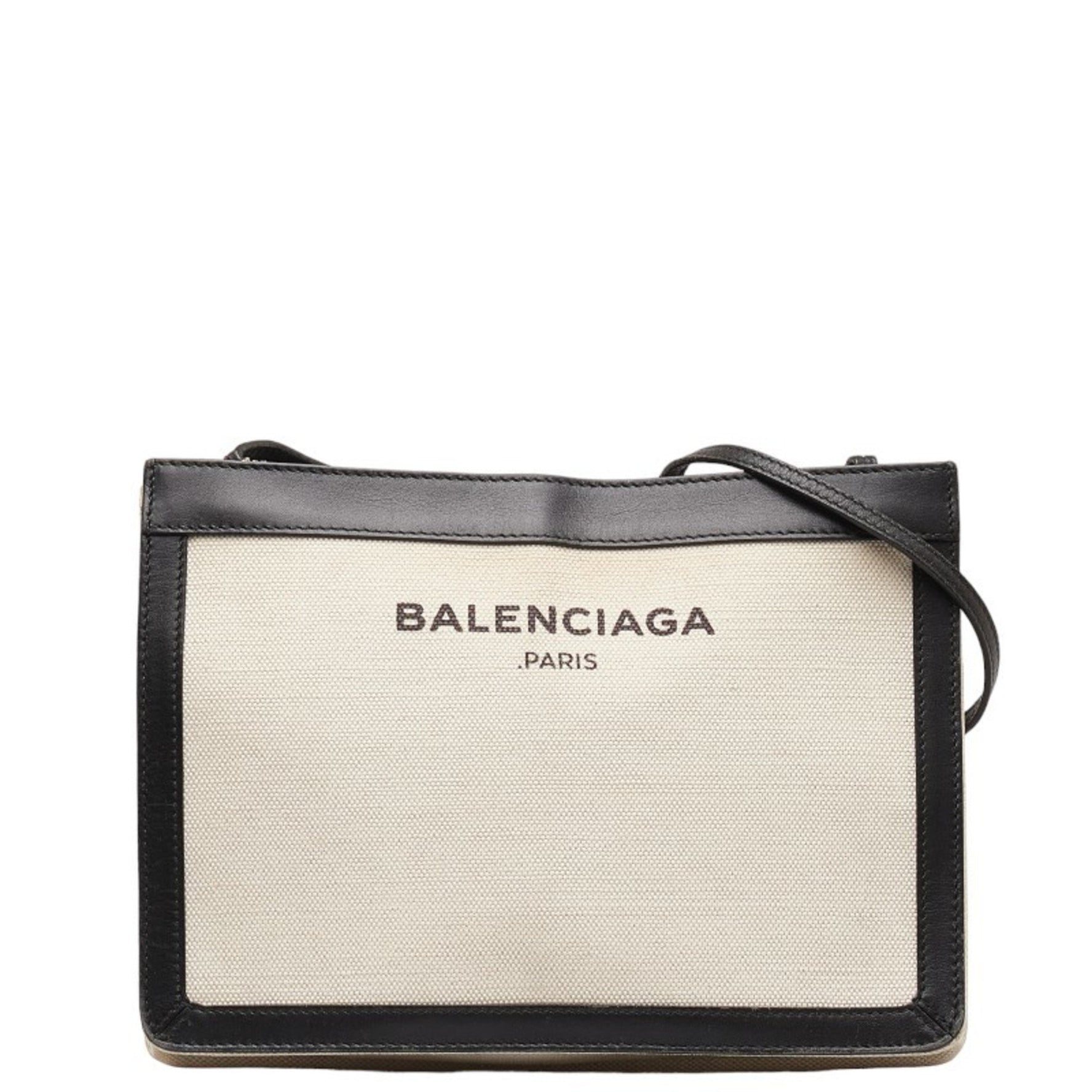 Balenciaga Navy Pochette Crossbody Shoulder Bag in White and Black Canvas Leather.