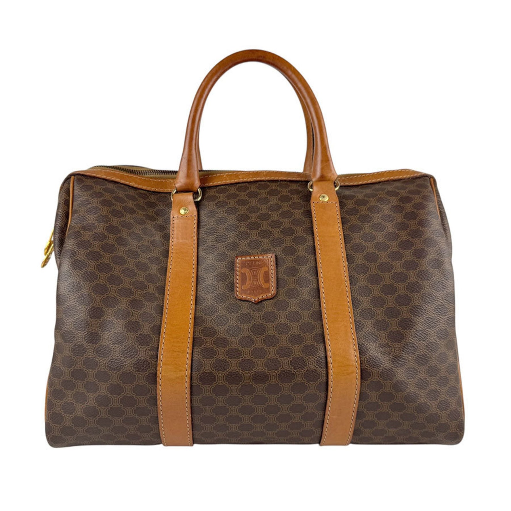 Celine Boston Bag, Macadam Coated Canvas and Leather, Brown, for Men Women, Z6523