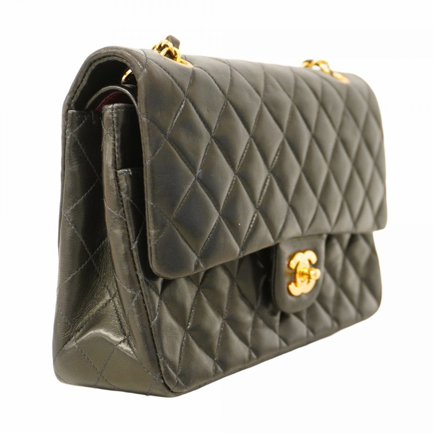 Chanel Matelasse Shoulder Bag with Double Flap and Chain, Lambskin, Black, Women's