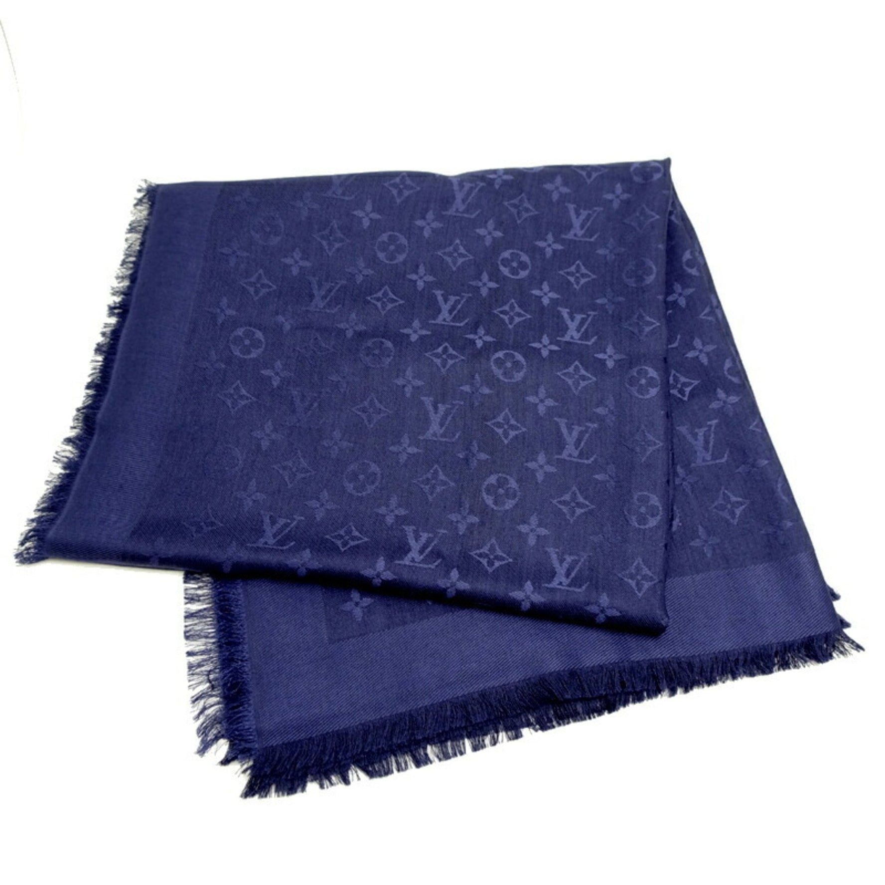 Louis Vuitton 60% Silk, 40% Wool, Monogram Pattern, Shawl, Blue Marine