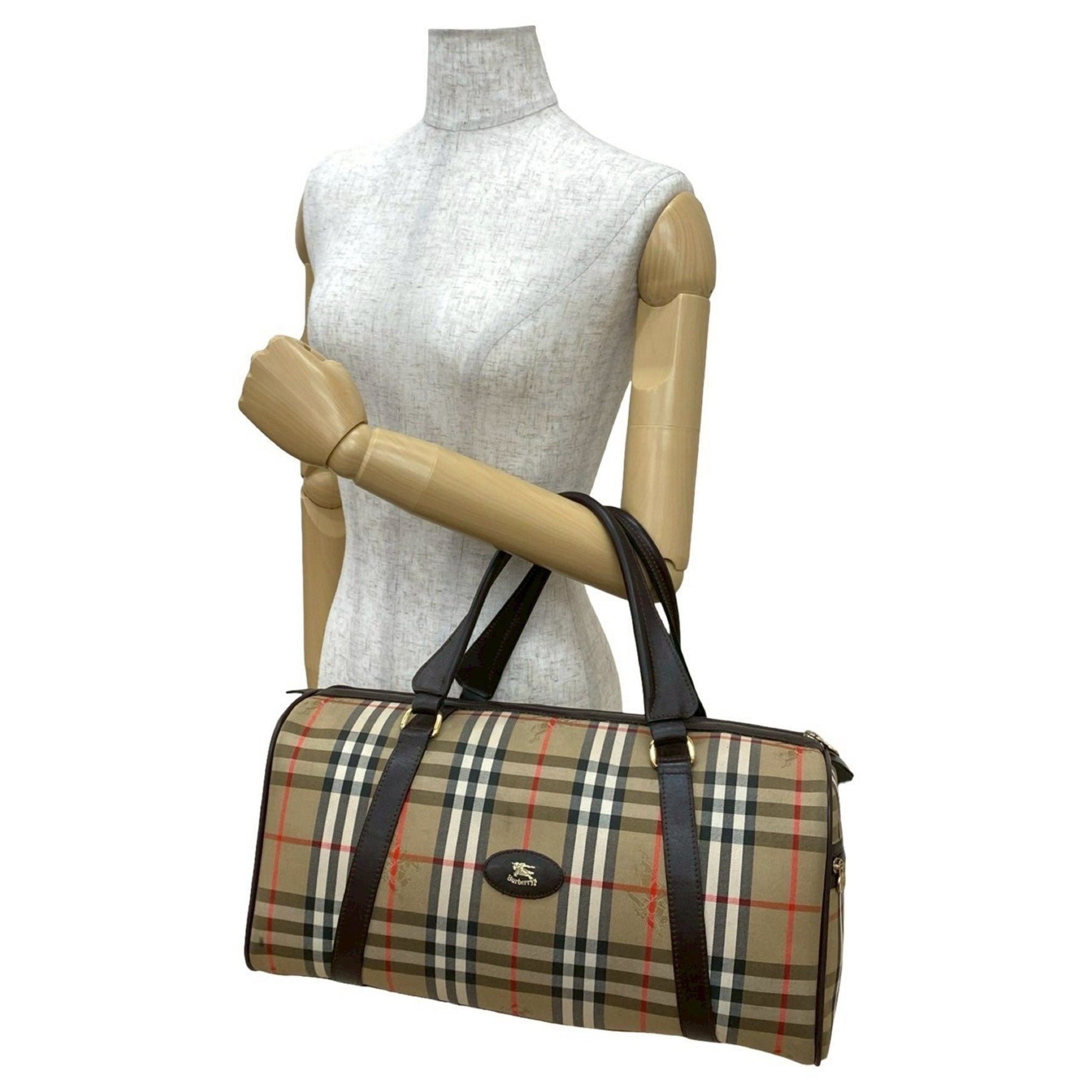 Burberry's Vintage Nova Check Shadow Horse Logo Canvas and Leather Boston Bag, Brown