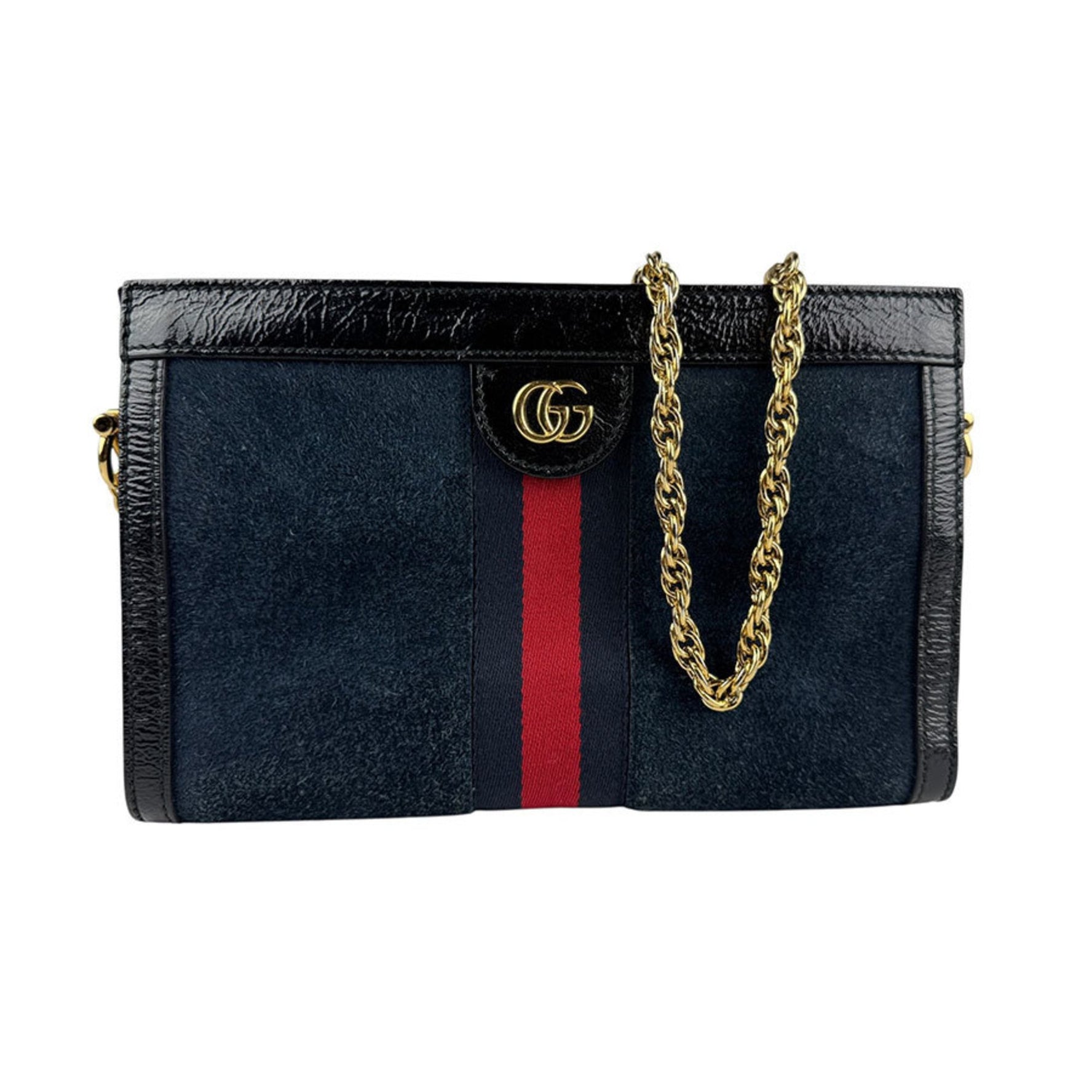 Gucci Ophidia Suede and Patent Leather Shoulder Bag in Navy Black