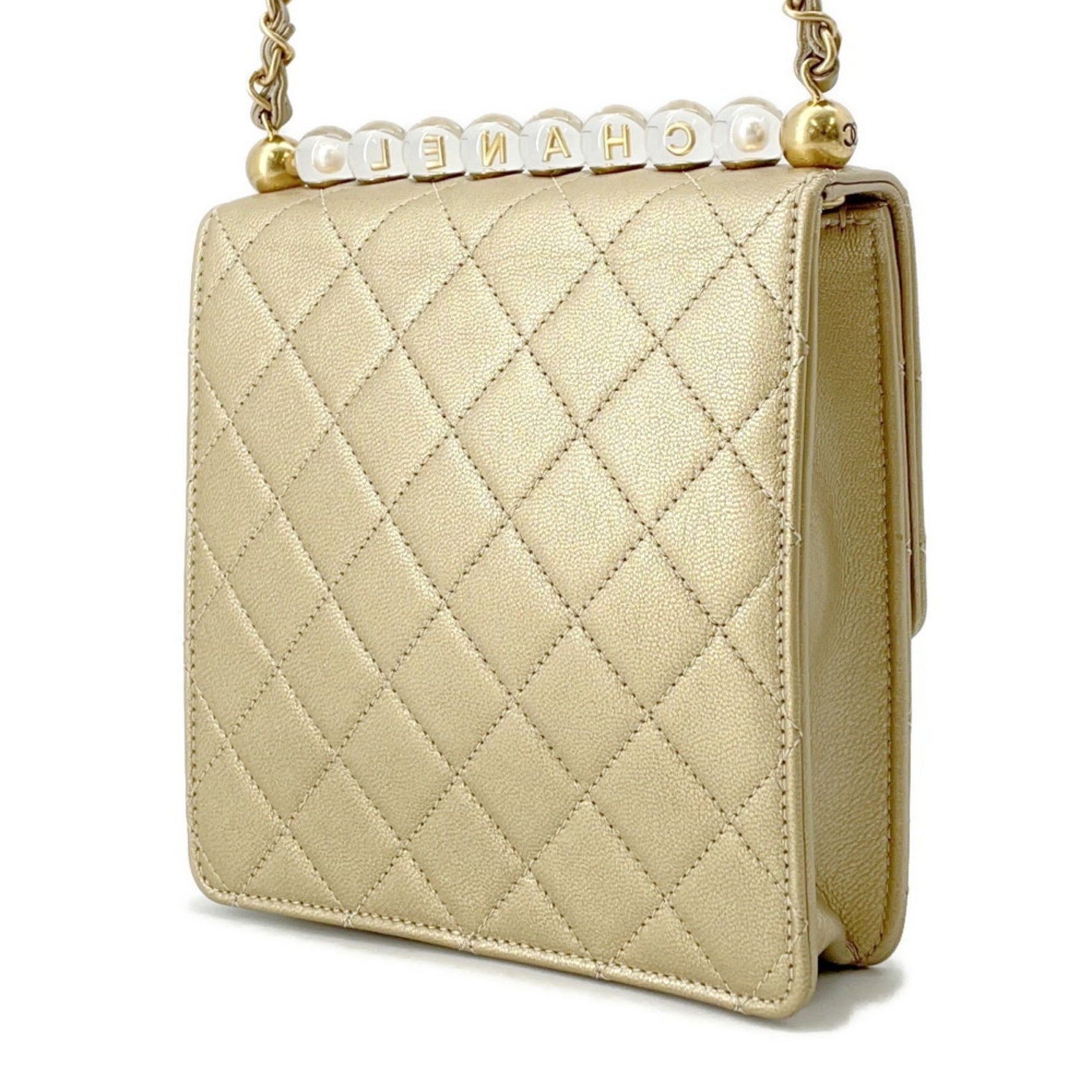 CHANEL Chain Shoulder Bag, Matelasse, Coco Mark, Clear Pearl, Goatskin, Flap Bag