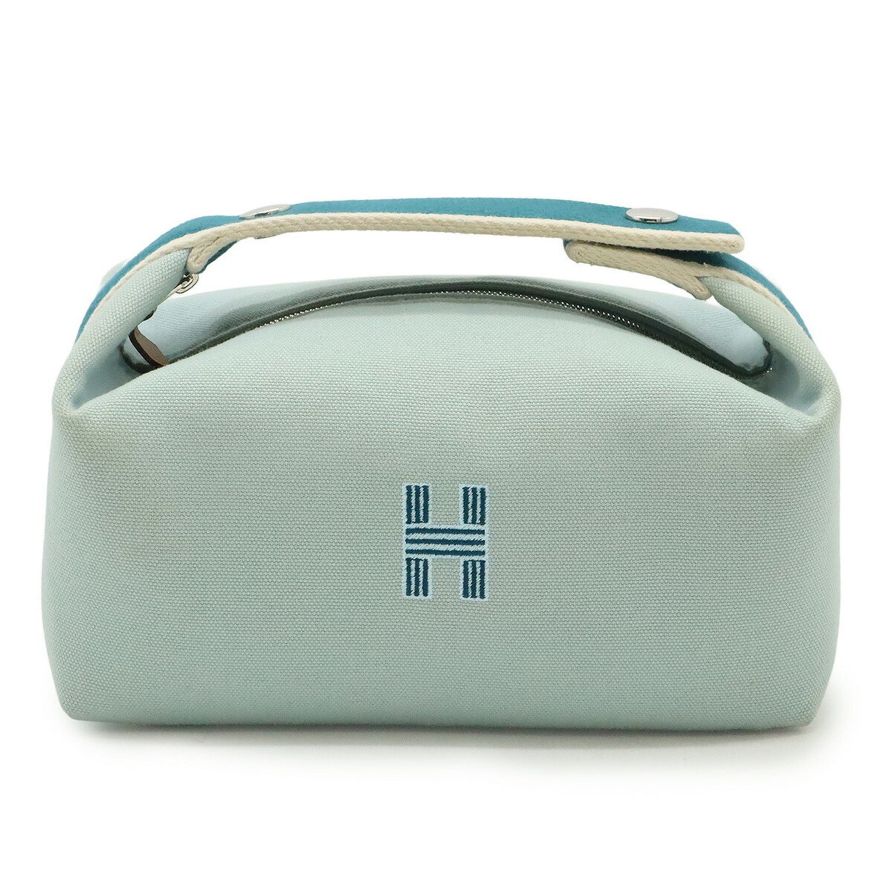 HERMES Bride A Black PM Bath Pouch Handbag Canvas Mint Blue