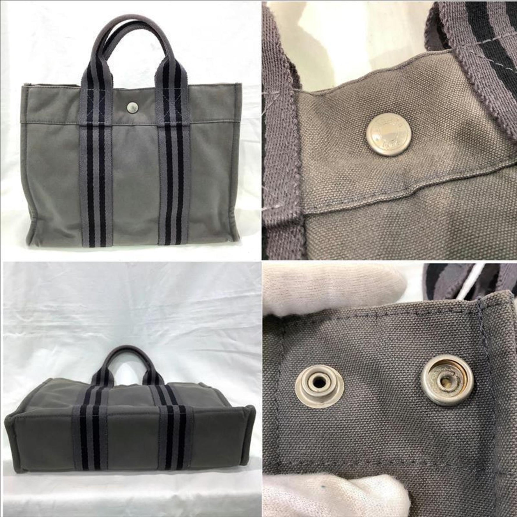 Hermès (HERMES) Foul Tote PM Gray Canvas Bag (Handbag/Mini Tote) with Discoloration (KB-9866)