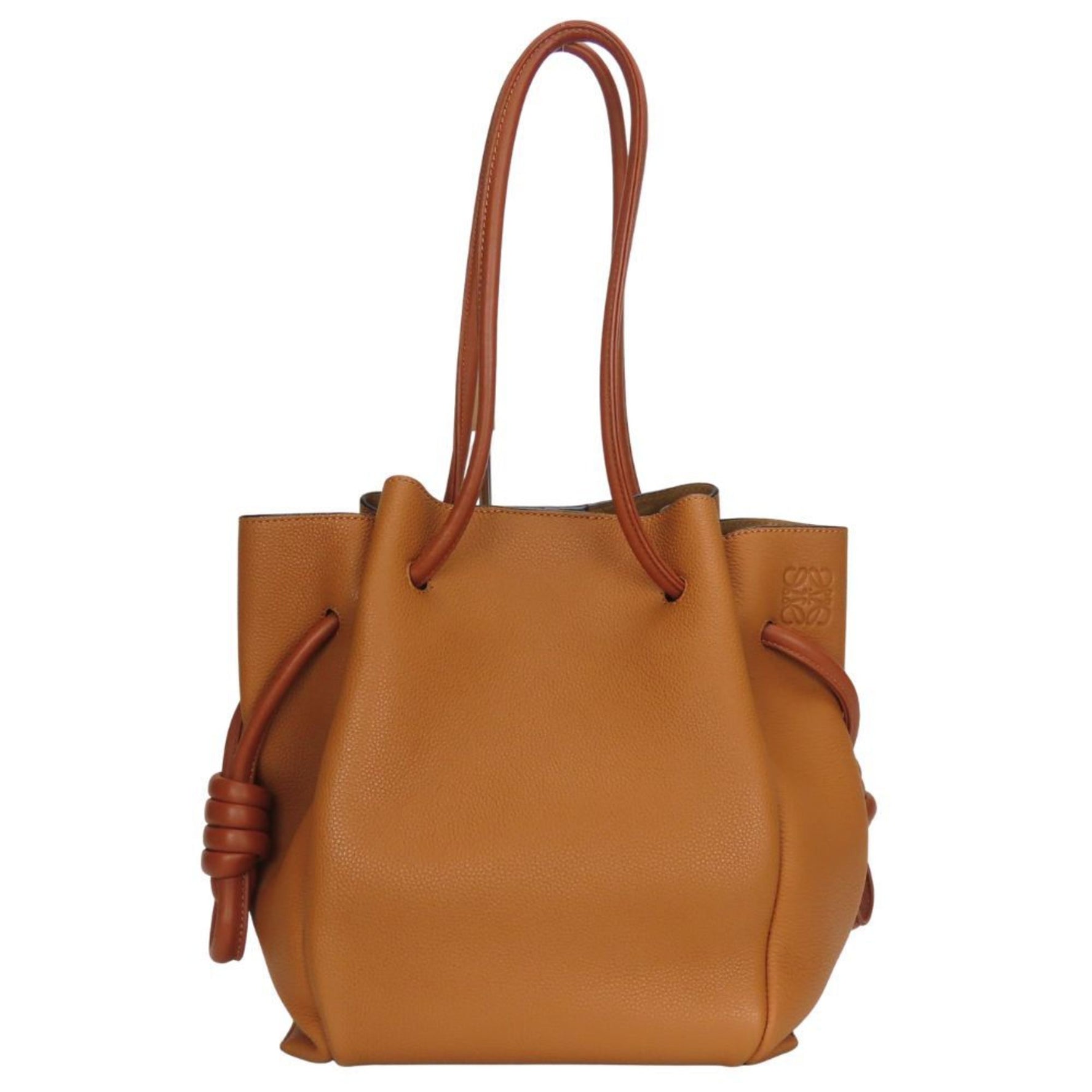 LOEWE Flamenco Knot Leather Tote Bag in Camel and Brown with Anagram Design