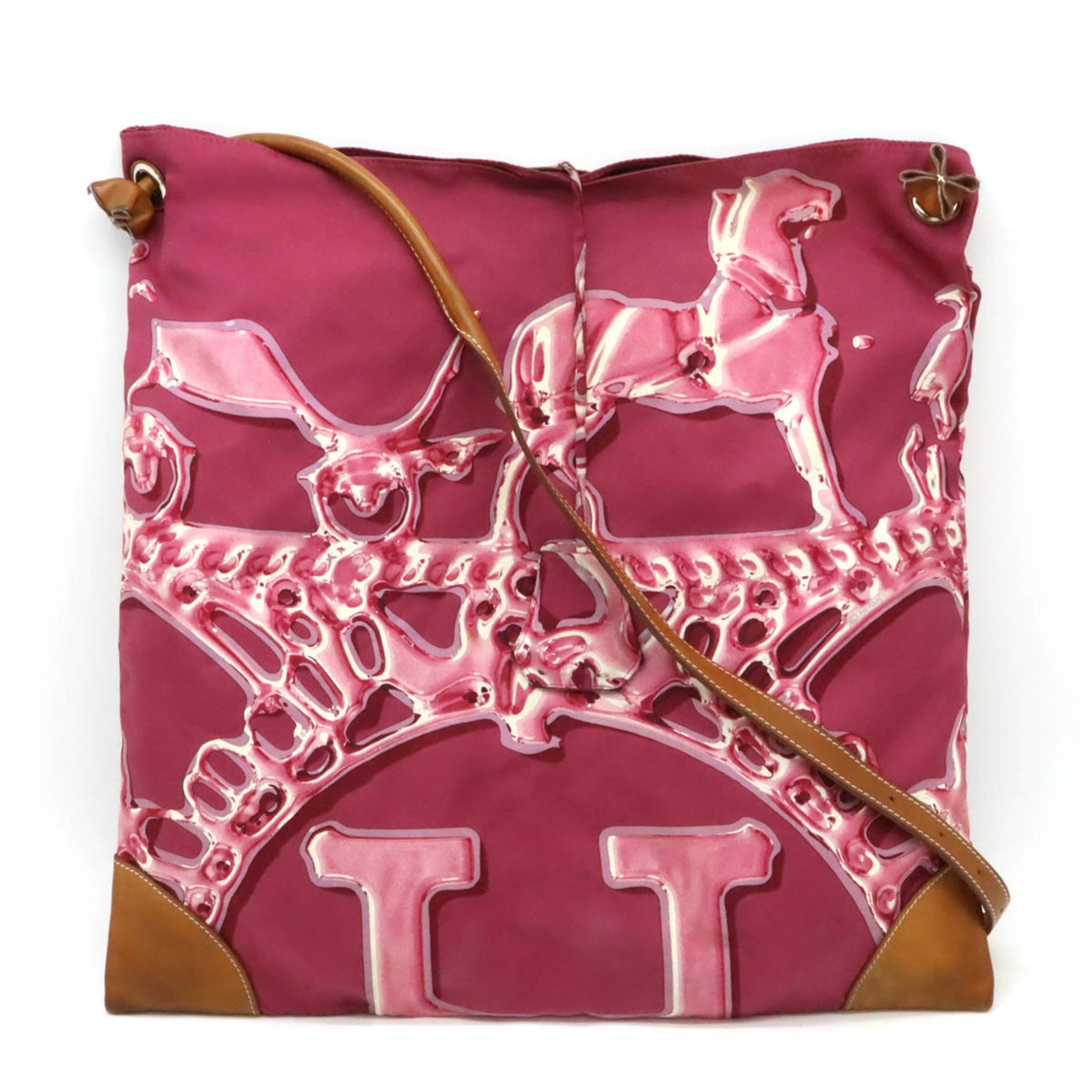 HERMES Silky City MM Shoulder Bag Silk Leather Pink Purple Brown Pouch not included O stamp