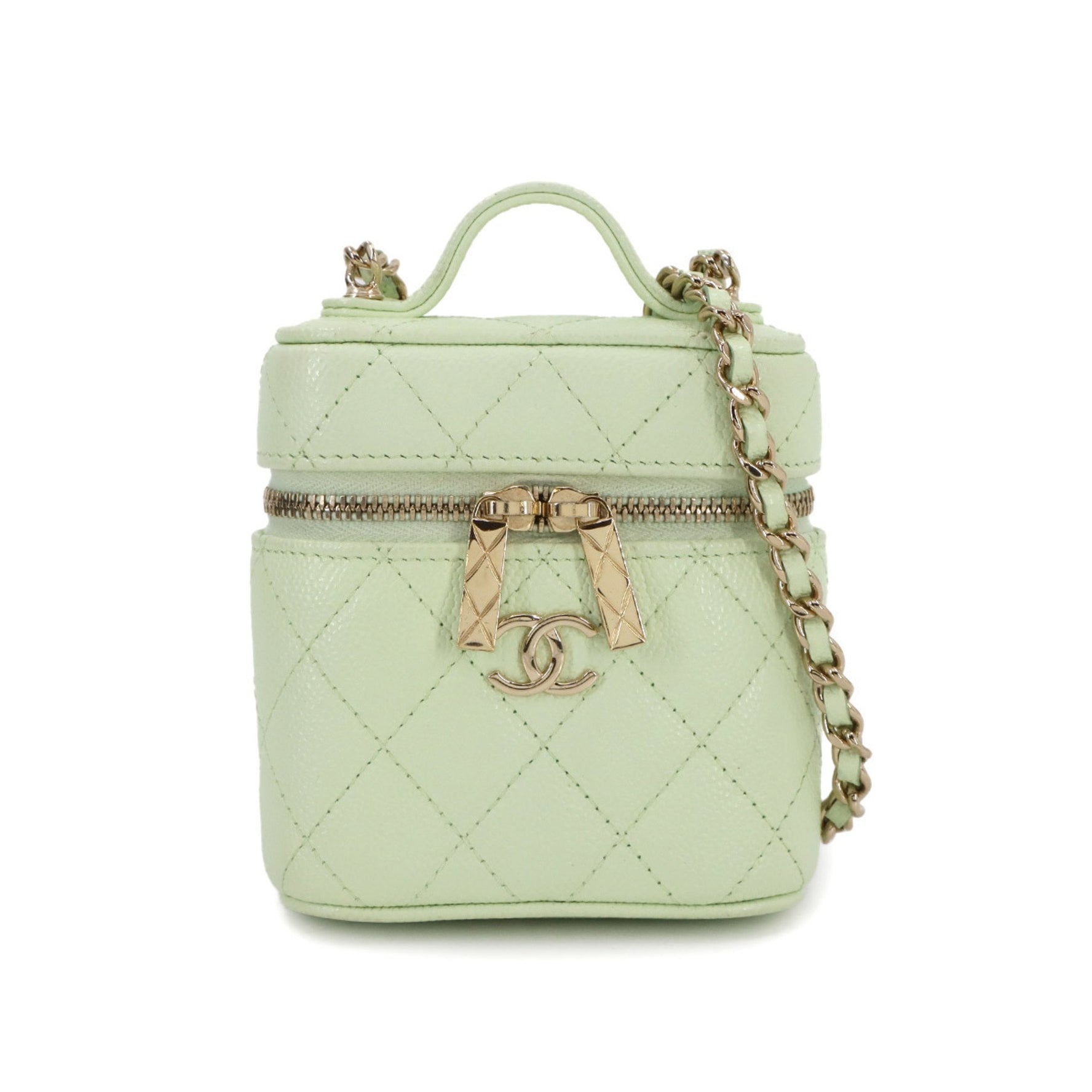 CHANEL Matelasse Small Vanity Chain Shoulder Bag in Light Green Caviar Leather (AP2503)