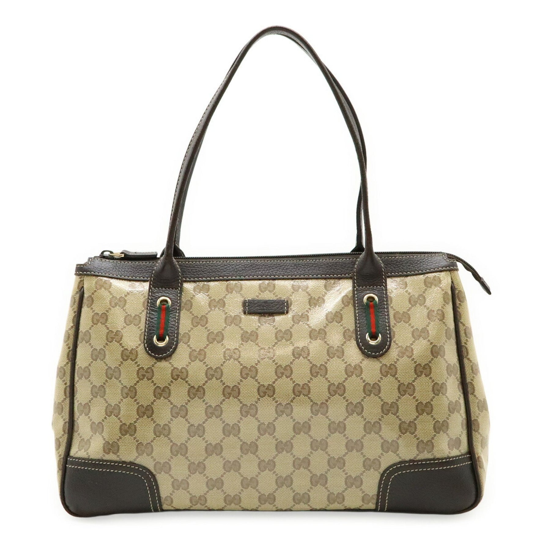 GUCCI GG Crystal Shelly Handbag Tote Bag in Coated Canvas, Khaki Beige and Dark Brown, Outlet
