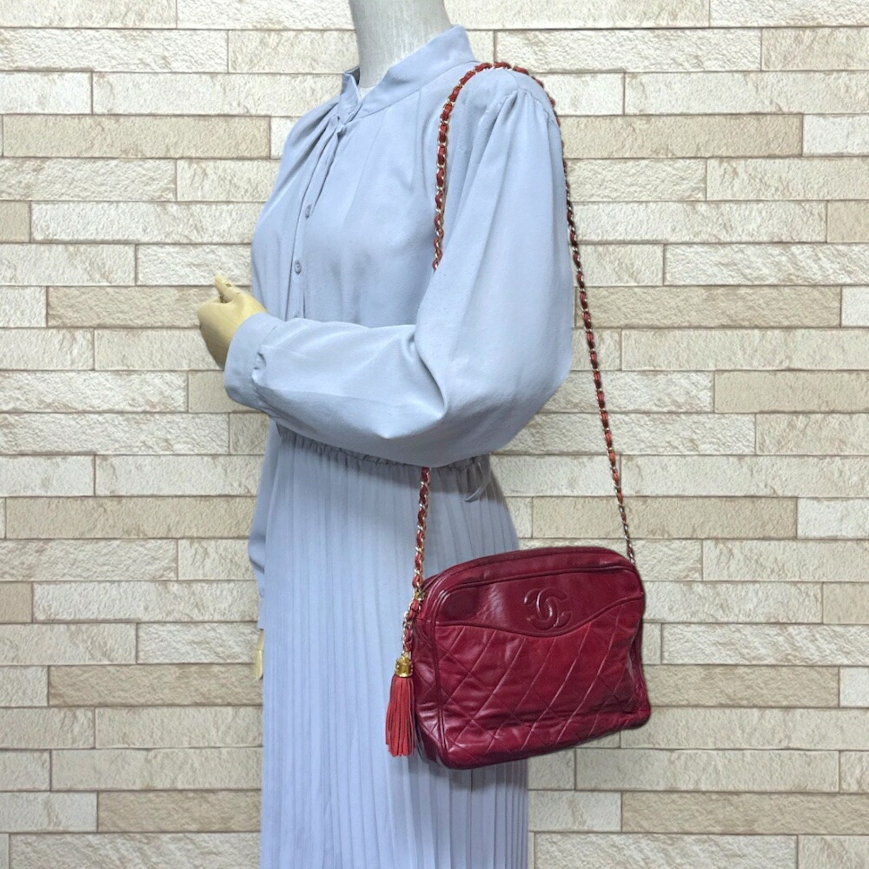 Chanel Coco Mark Matelasse Shoulder Bag, Lambskin, Red, Women's, CHANEL Chain Tassel
