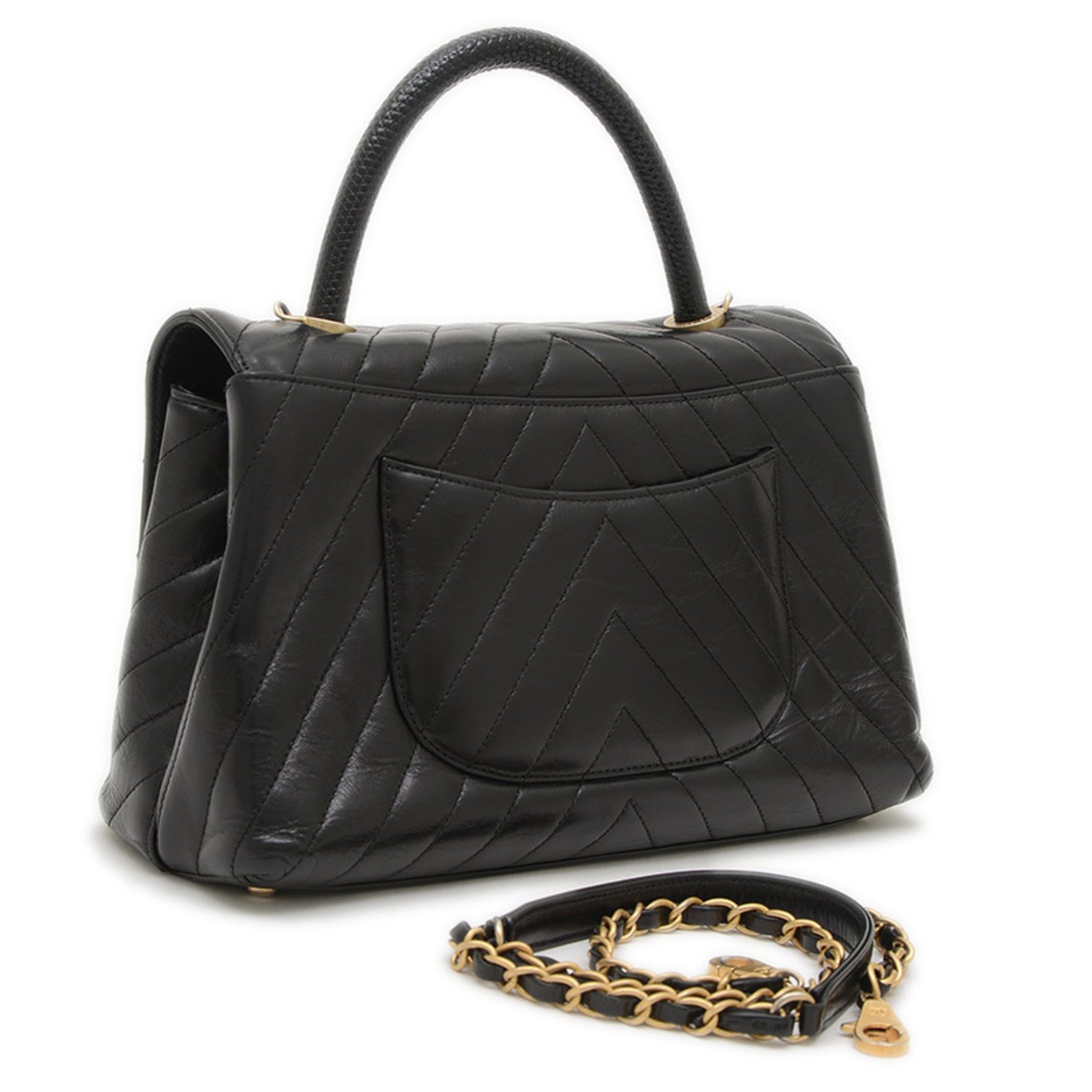 Chanel Chevron Coco Handle Flap 2WAY Bag Shoulder Calfskin Black Gold Hardware