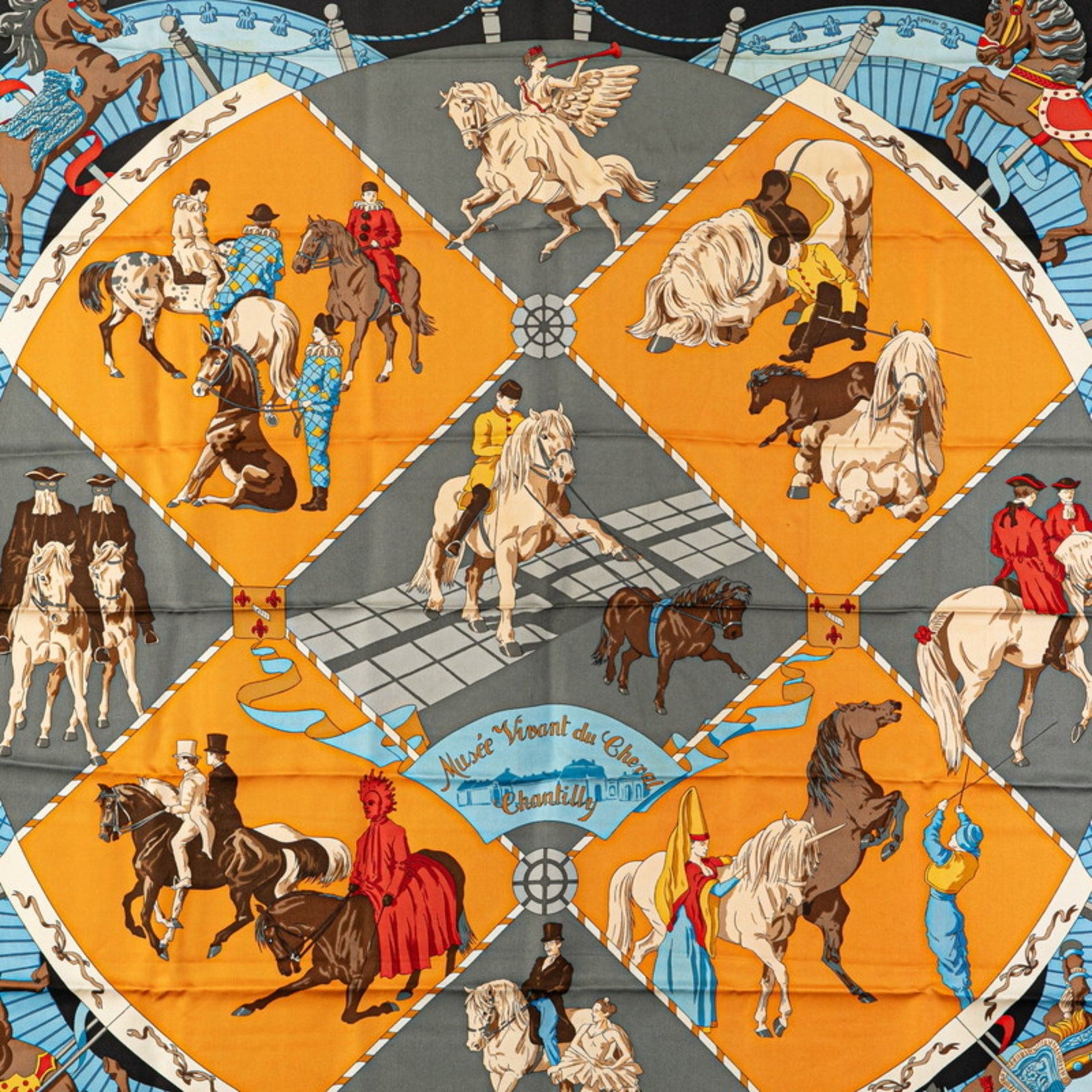 Hermes Carré 90 Musee Vivant du Cheval Chantilly Castle Horse Museum Scarf Muffler Black Multicolor Silk Women's HERMES