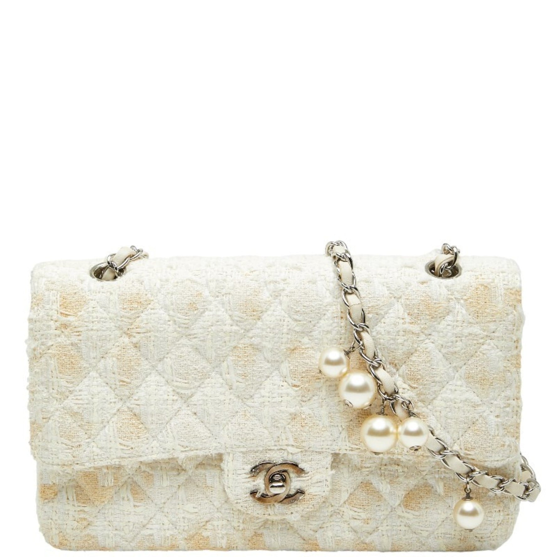 CHANEL Coco Mark Matelasse Double Flap Chain Shoulder Bag in Tweed and Leather