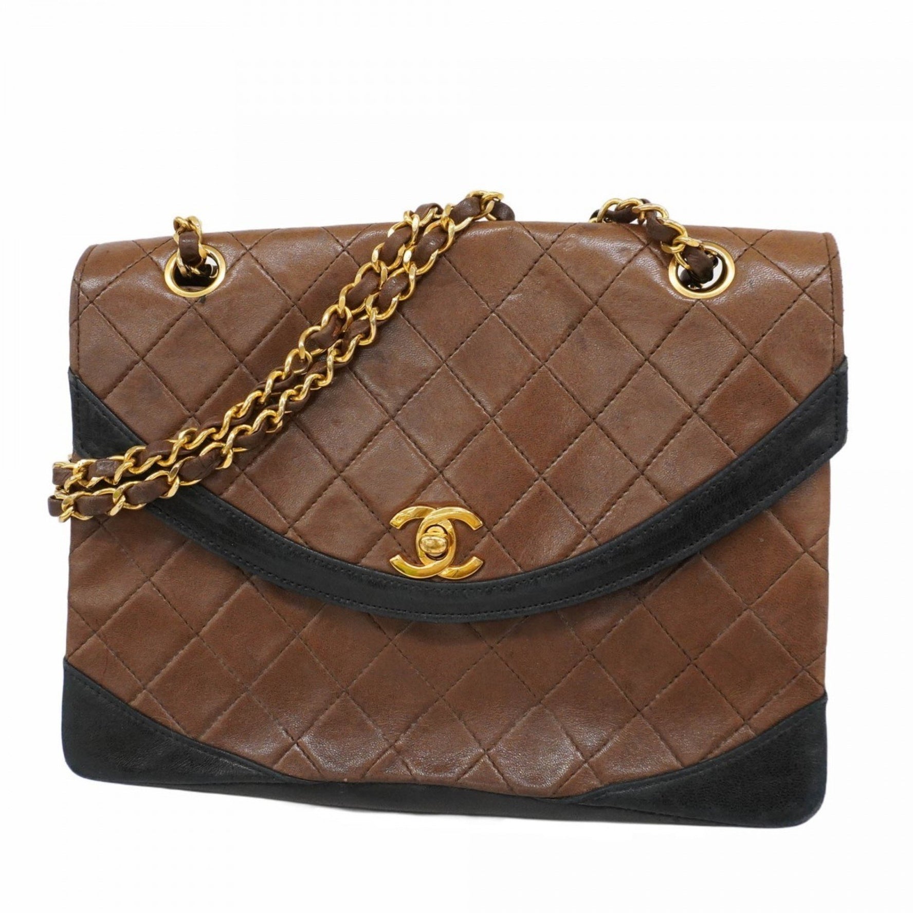 Chanel Shoulder Bag Matelasse W Chain Lambskin Brown Black Women's
