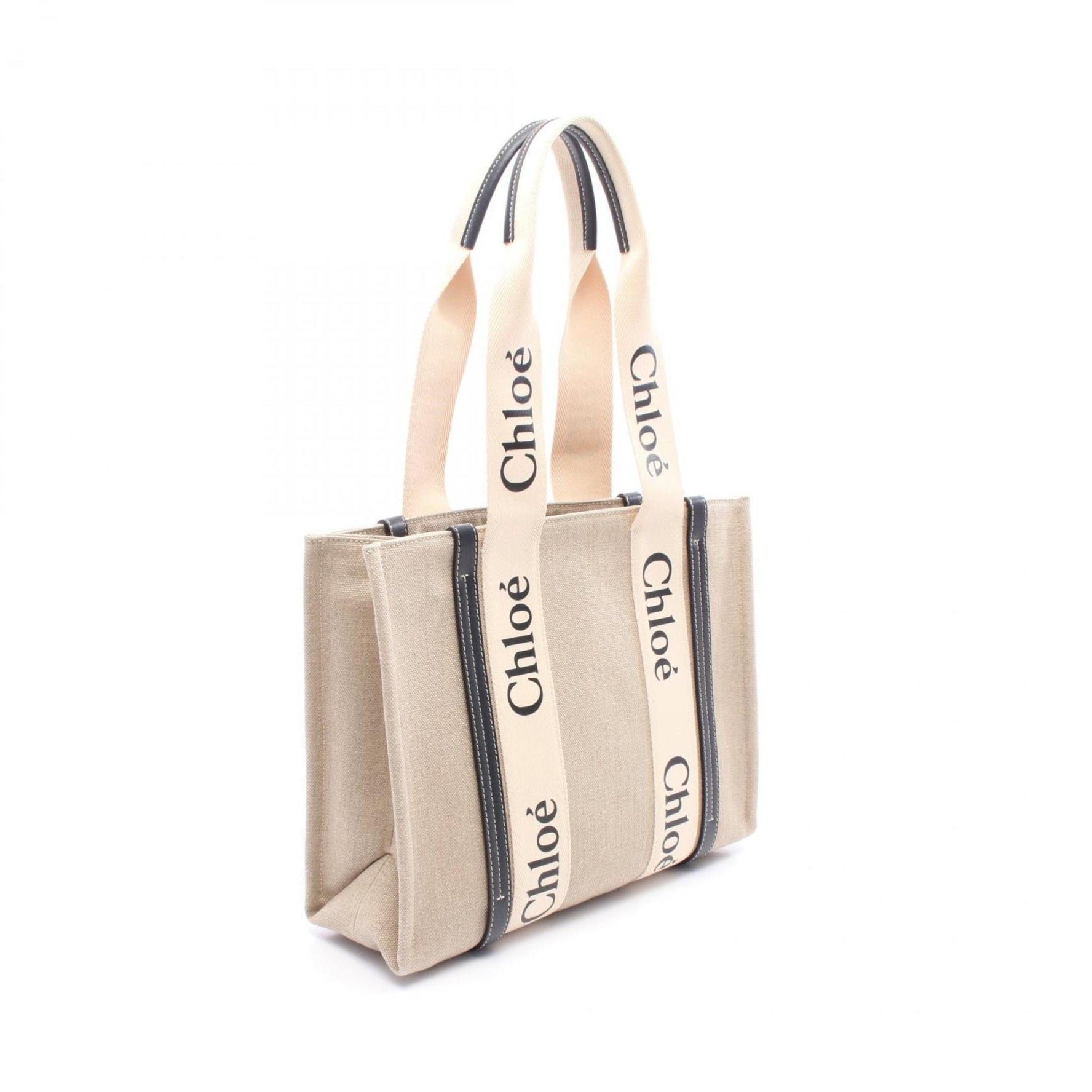 Chloé Chloe WOODY Medium Tote Bag, Canvas and Leather, Beige Black