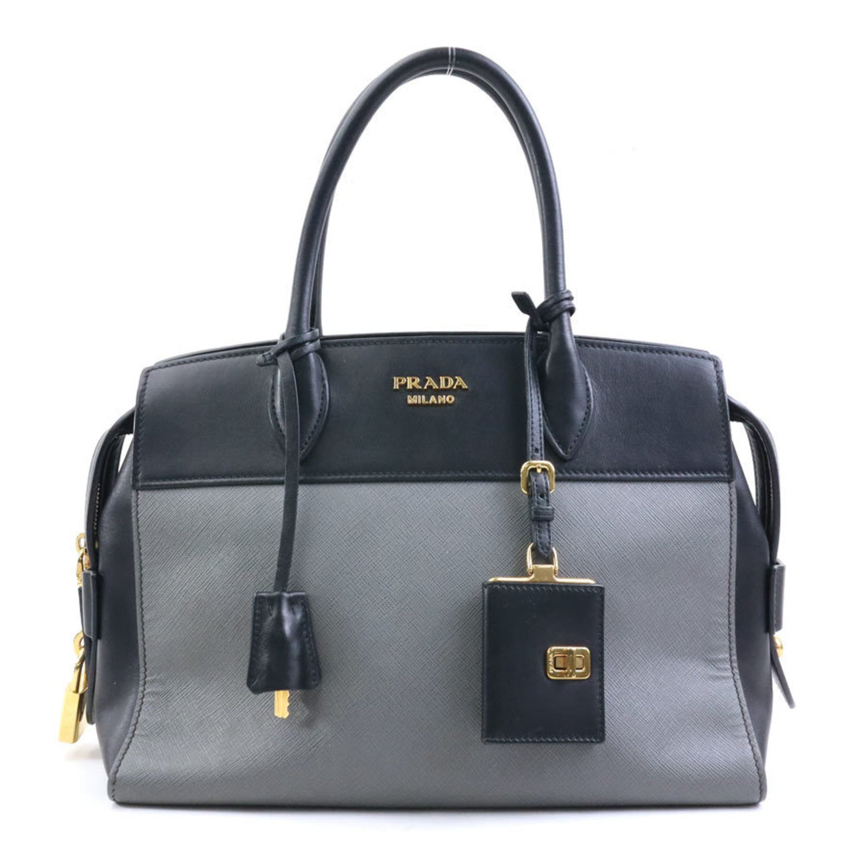 PRADA handbag shoulder bag leather black x grey ladies