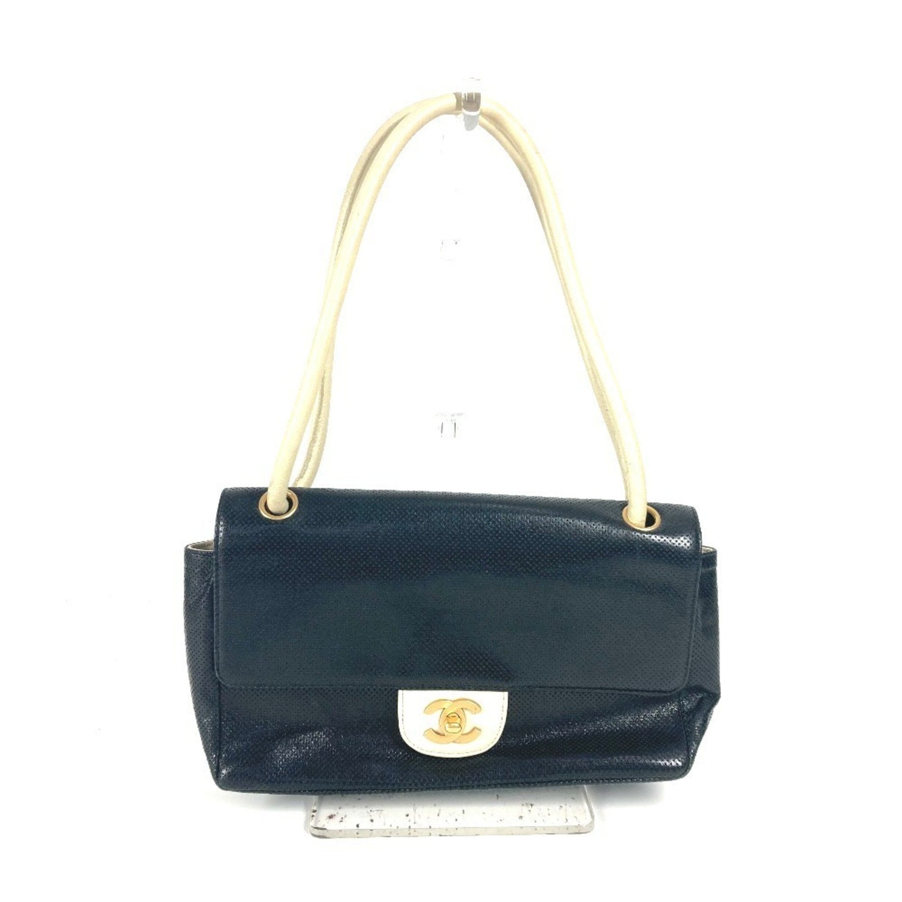 CHANEL Bicolor CC Coco Mark Punching Bag Flap Shoulder Leather Black