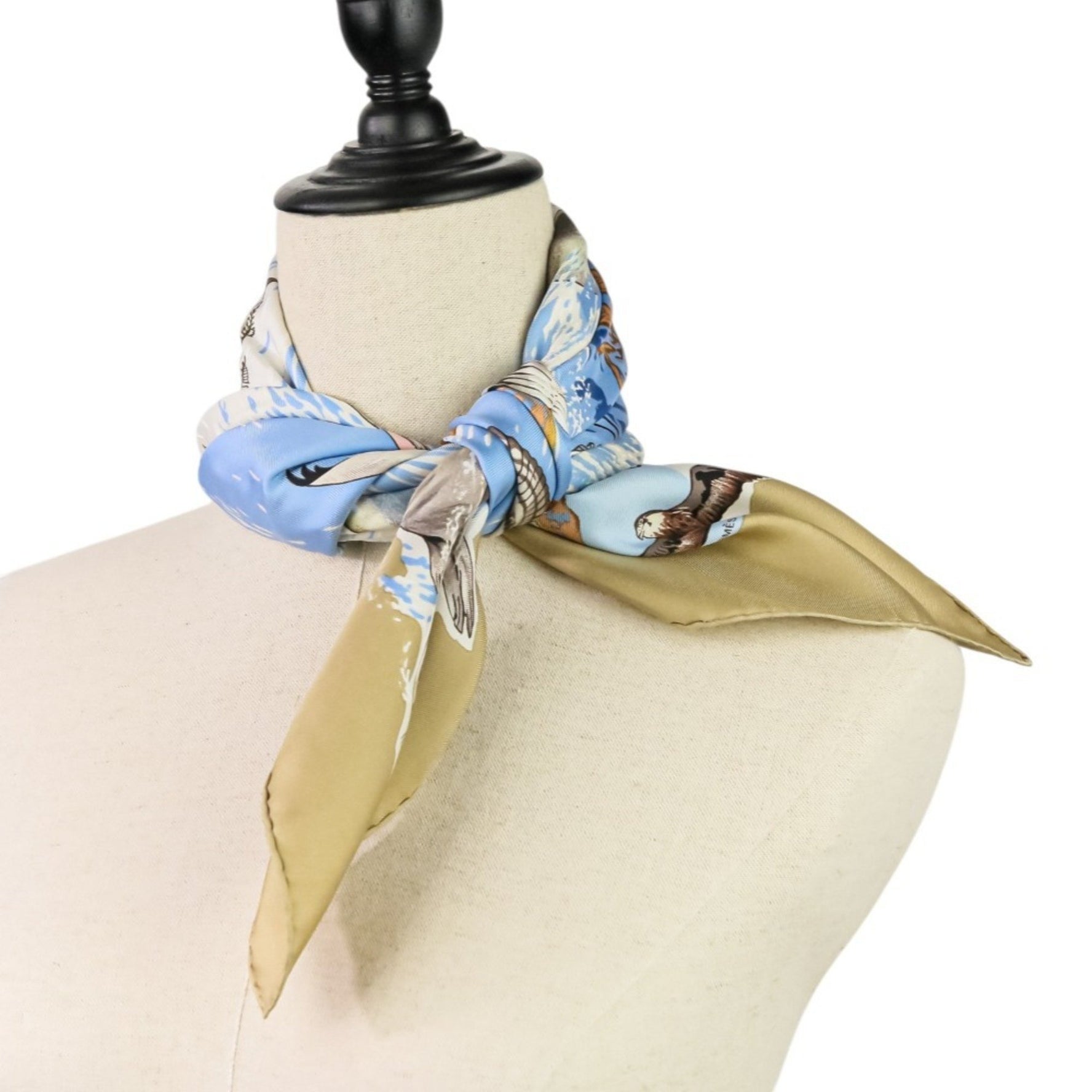 HERMES Carré 90 "Lavie Precieuse de la Mediterranee" (Precious Life of the Mediterranean) scarf/muffler in beige and blue for women
