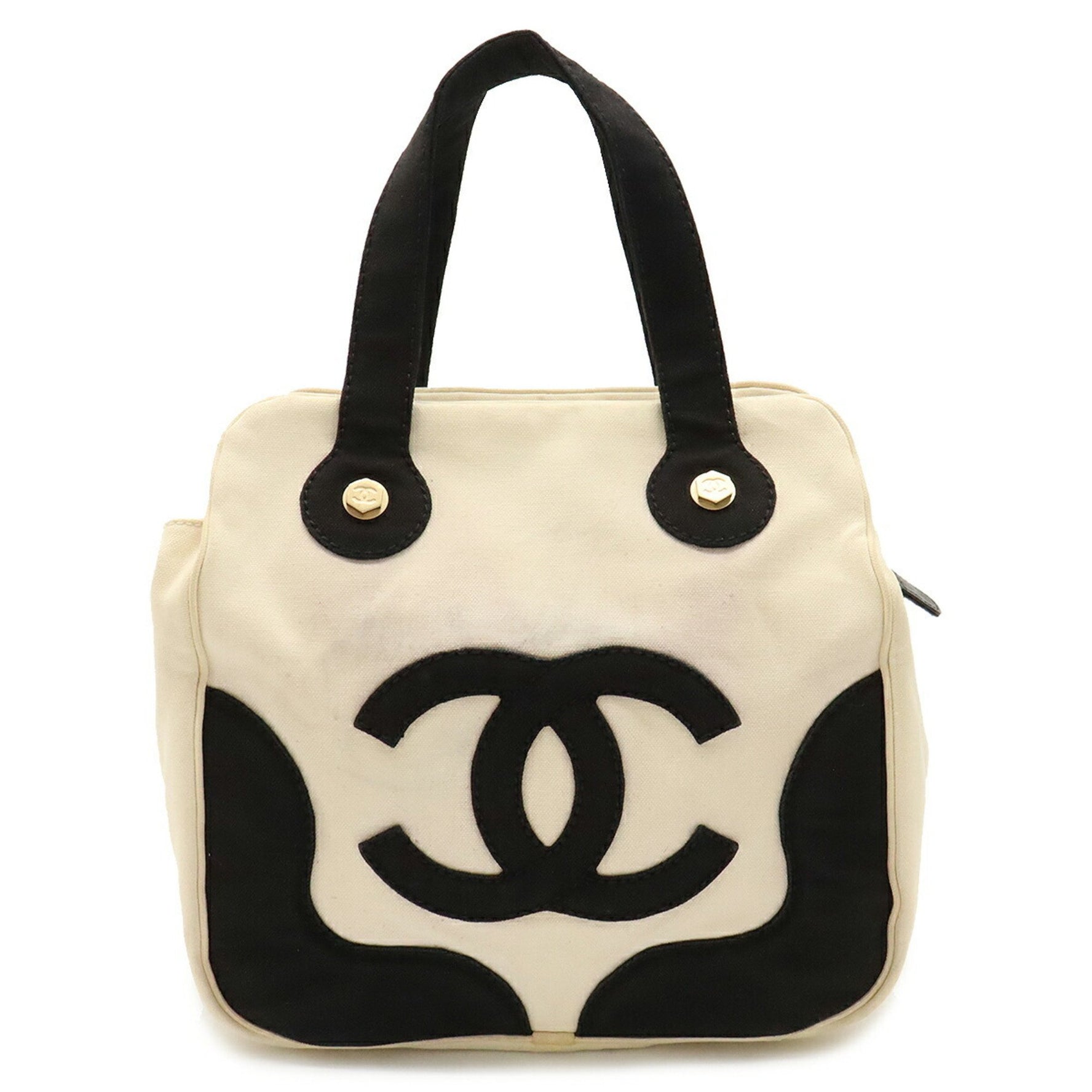 CHANEL Marshmallow Tote Bag Handbag Coco Mark Canvas Ivory White Black A24228
