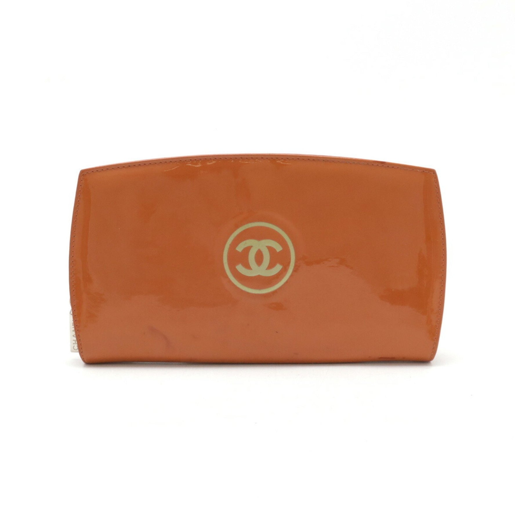 CHANEL Chanel Makeup Coco Mark Round Long Wallet Enamel Patent Leather Orange 7662