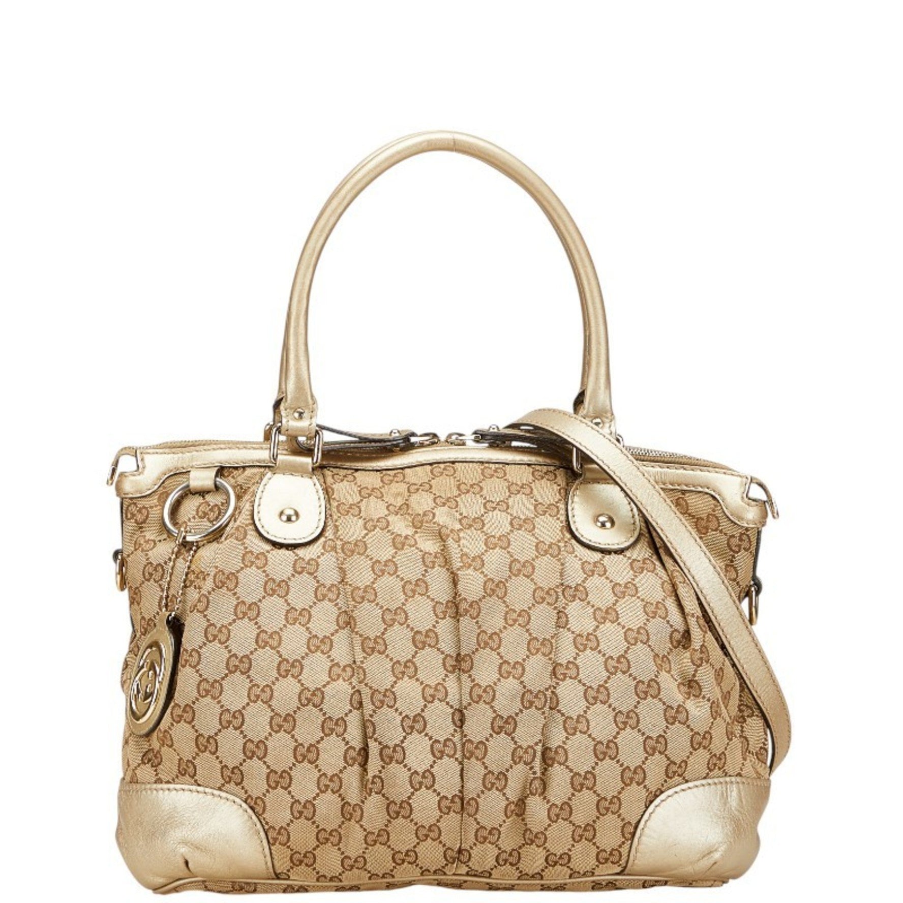 Gucci GG Canvas Handbag/Shoulder Bag Beige Champagne Gold Leather