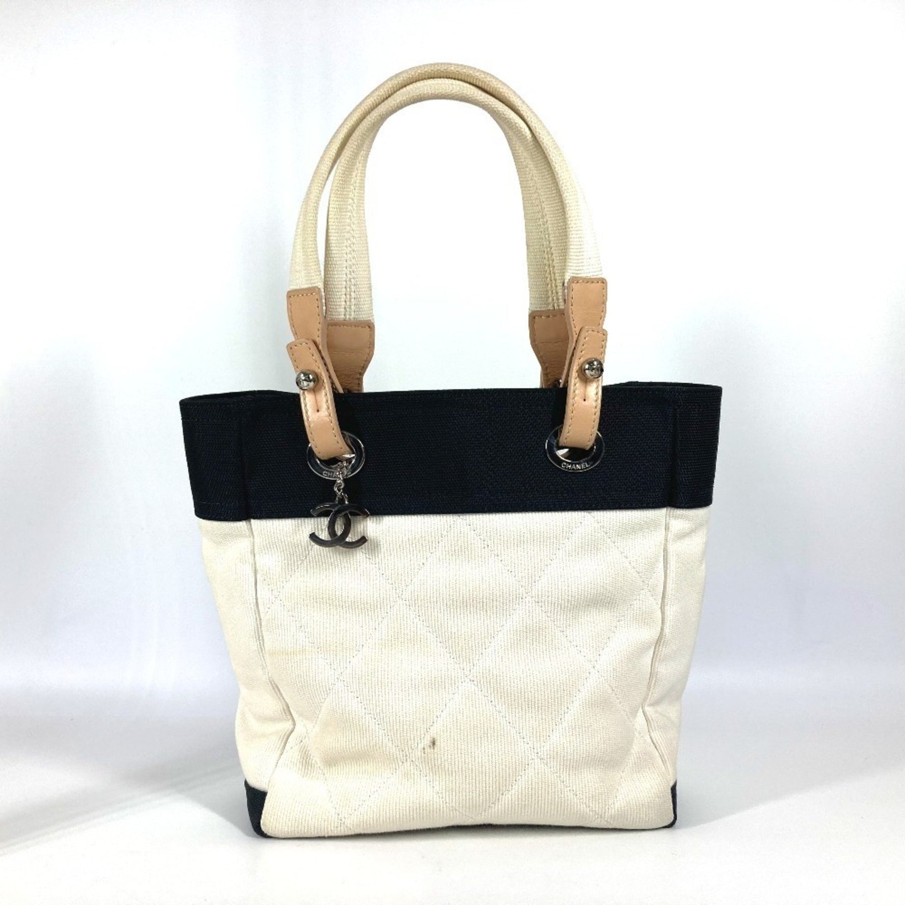 CHANEL CC Coco Mark Paris Biarritz PM Tote Bag Shoulder Canvas Women's White
