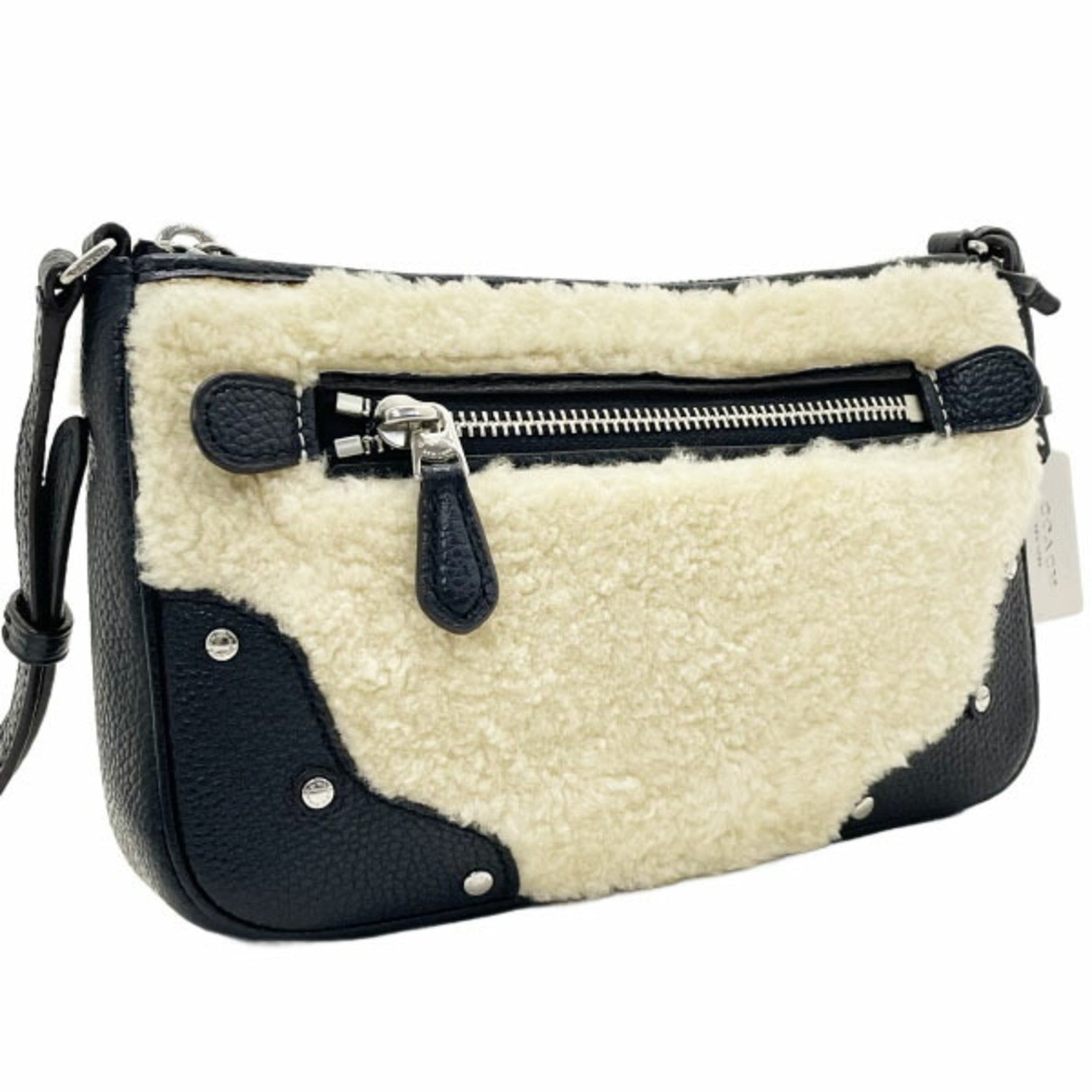 Coach Small Rider Pochette Shoulder Bag in Ivory and Black Boa Leather Studded Crossbody Mini