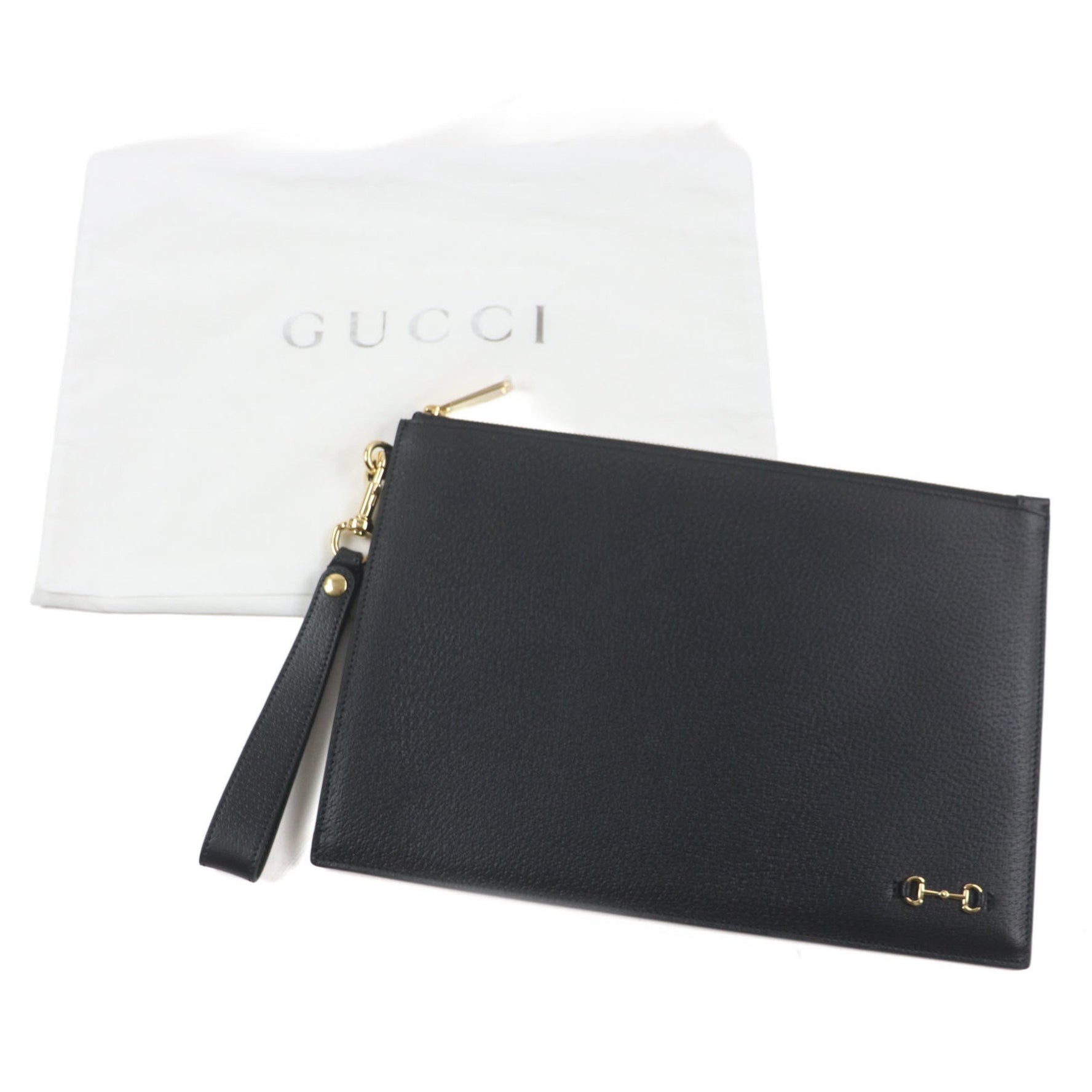 GUCCI Horsebit Leather Clutch Bag with Strap, Gold Hardware, Dust Bag, Made in Italy