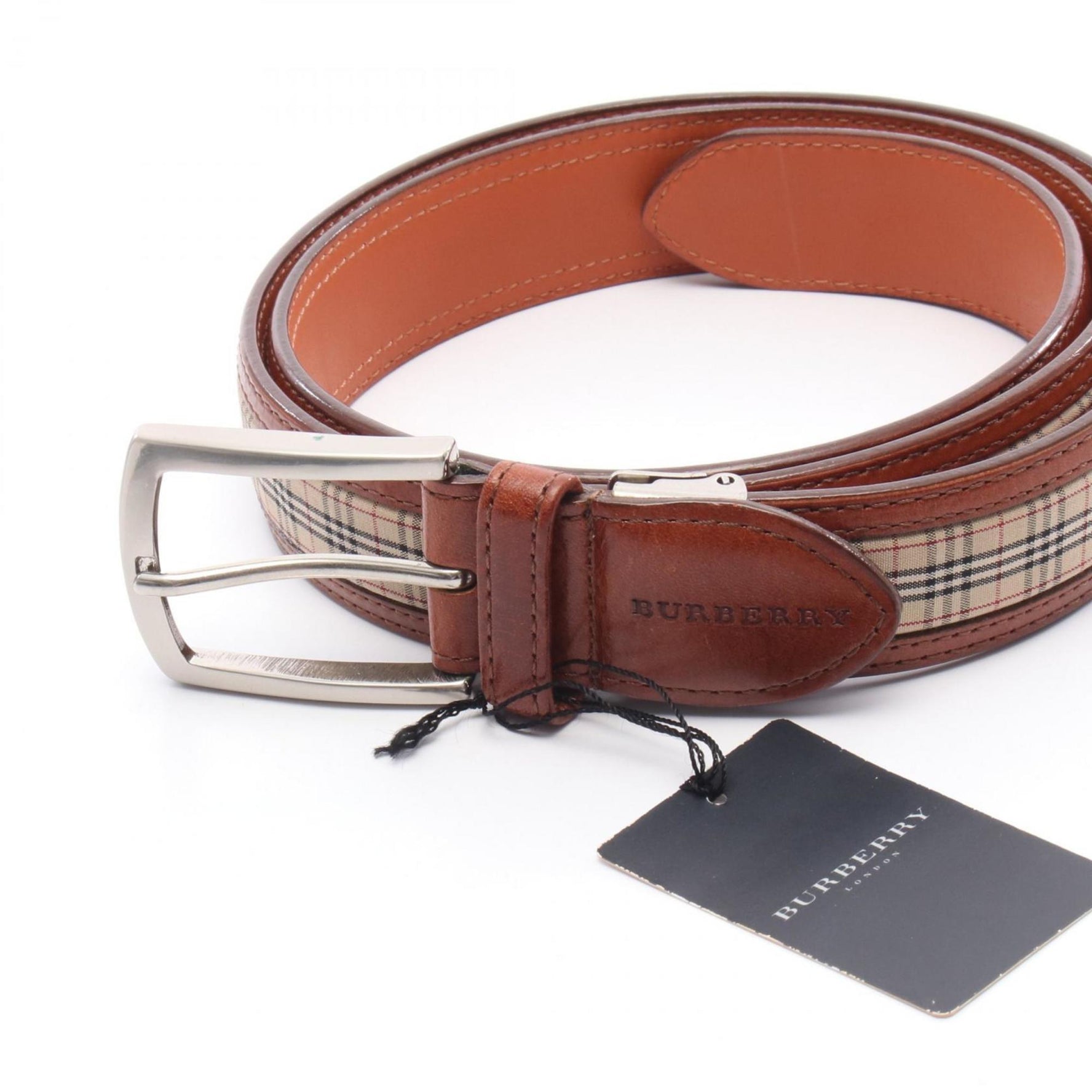 Burberry London belt, leather fabric, brown, beige, multicolor.