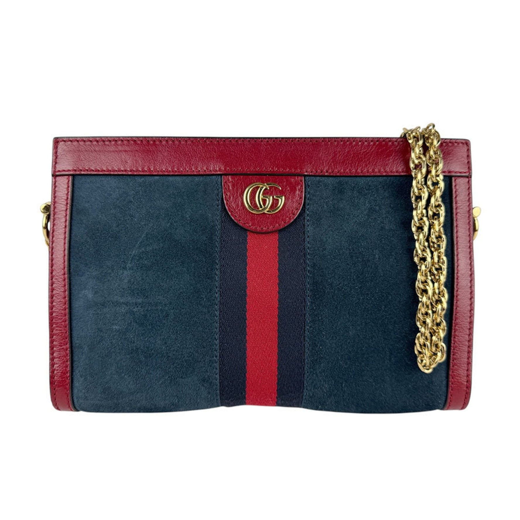 Gucci Ophidia Shoulder Bag in Suede and Leather, Navy, Dark Red, Gold