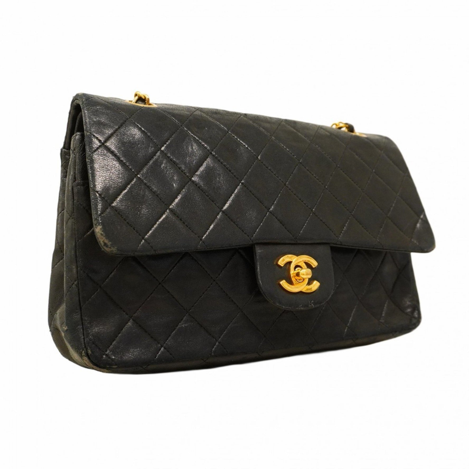 Chanel Matelasse Shoulder Bag with Double Flap and Chain, Lambskin, Black, Women's