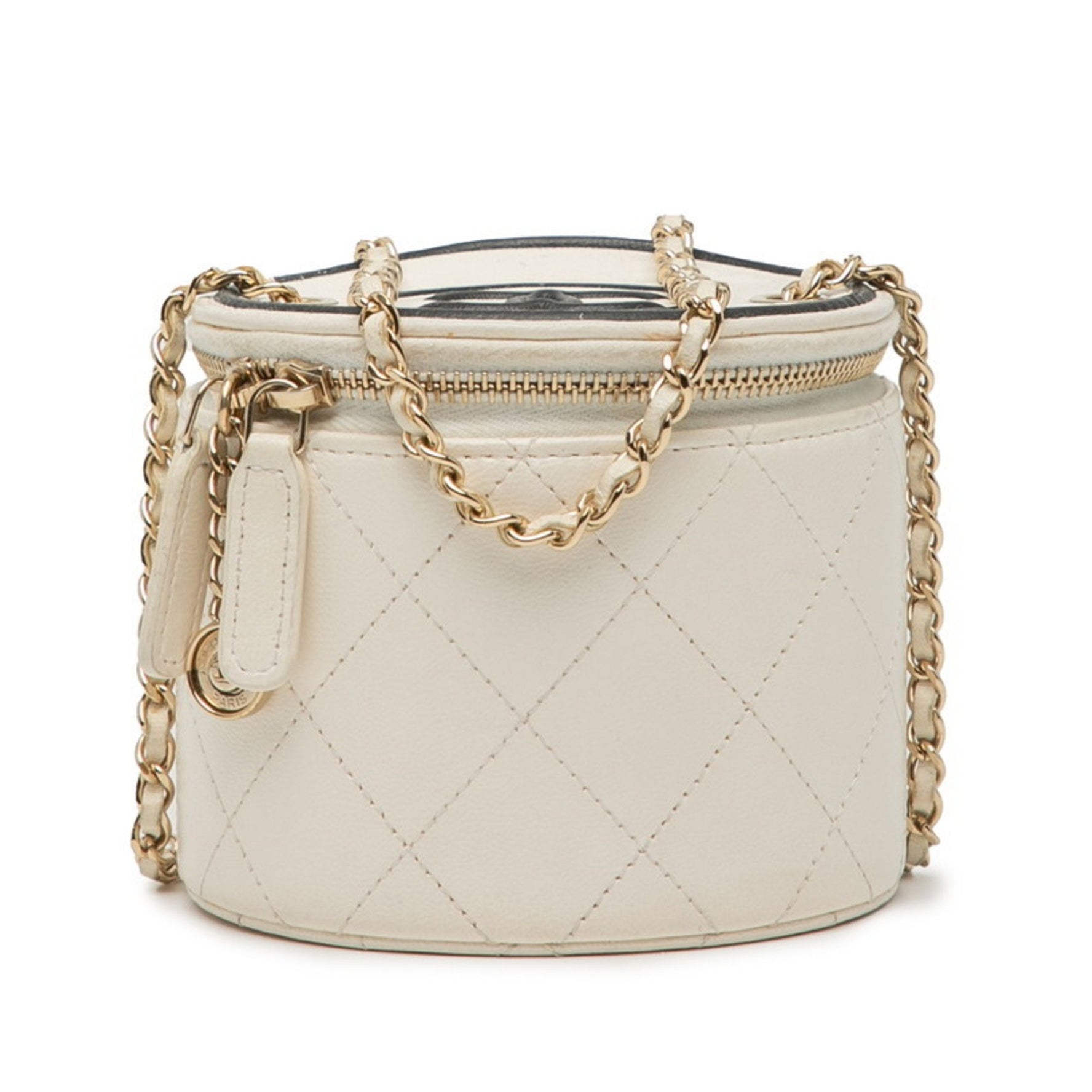 Chanel Coco Mark Small Vanity Bag with Chain Shoulder in Off-White and Black Calfskin