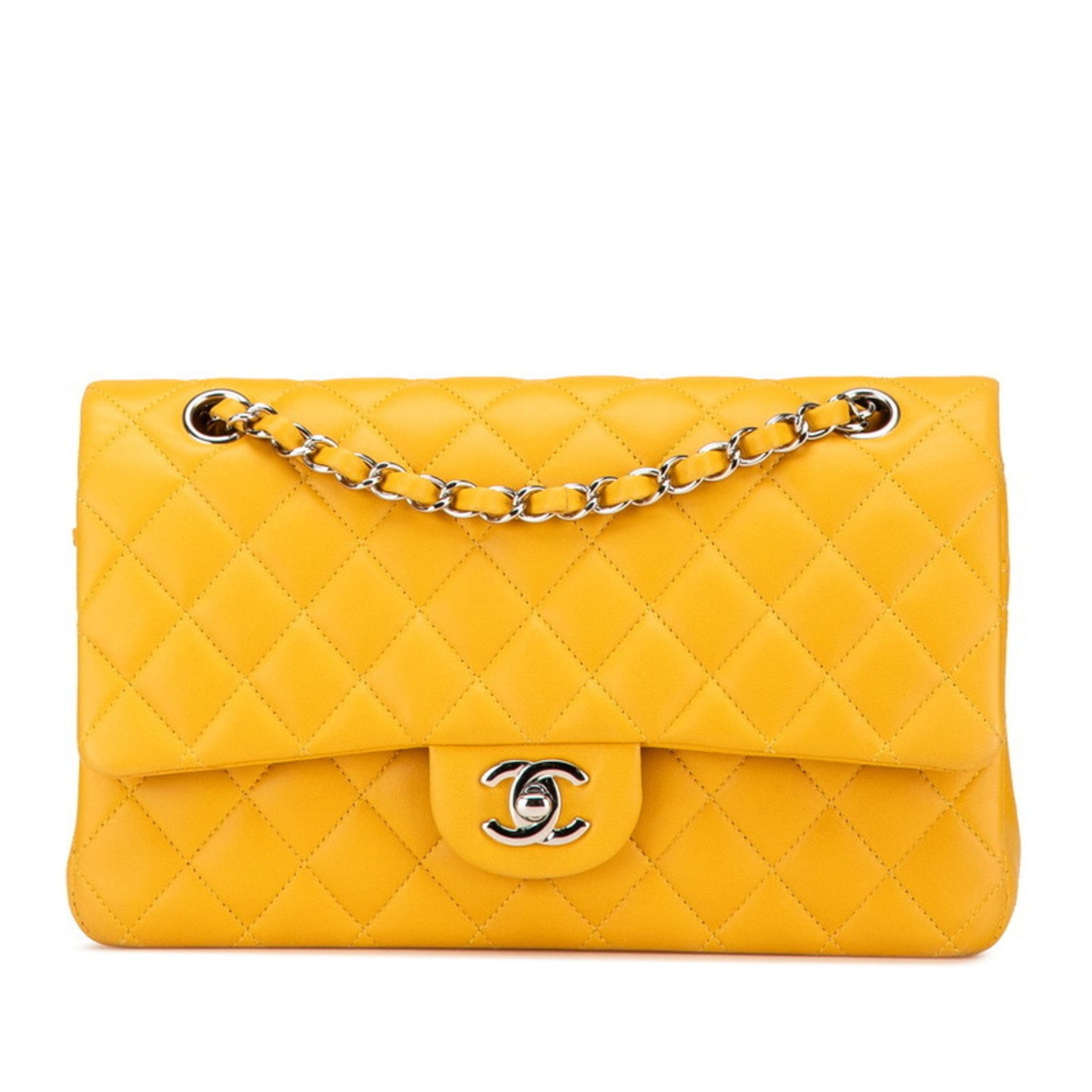 CHANEL Matelasse Coco Mark Double Flap Chain Shoulder Bag in Yellow and Silver Lambskin