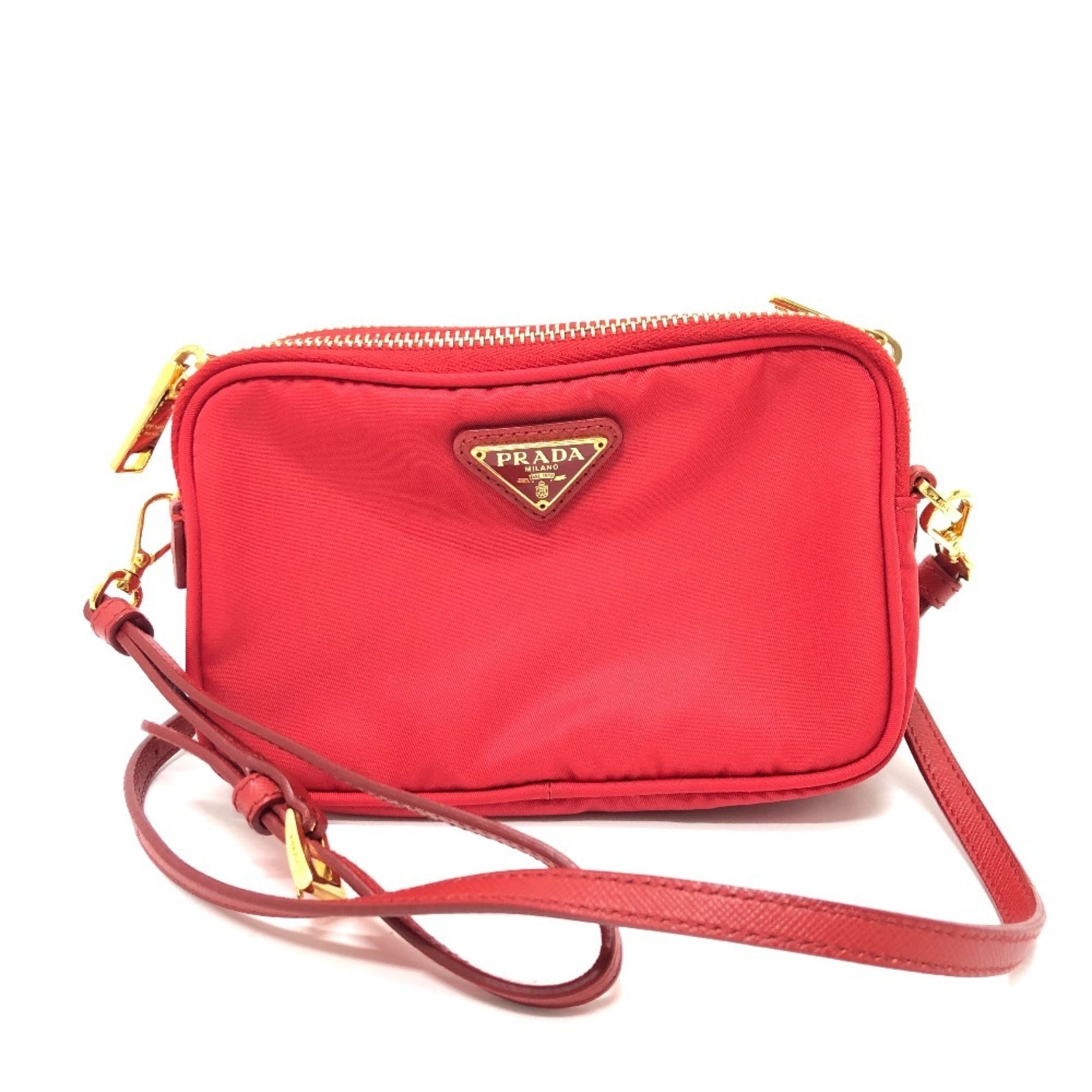 PRADA Triangle Logo Plaque Pochette Shoulder Bag Nylon Unisex Red