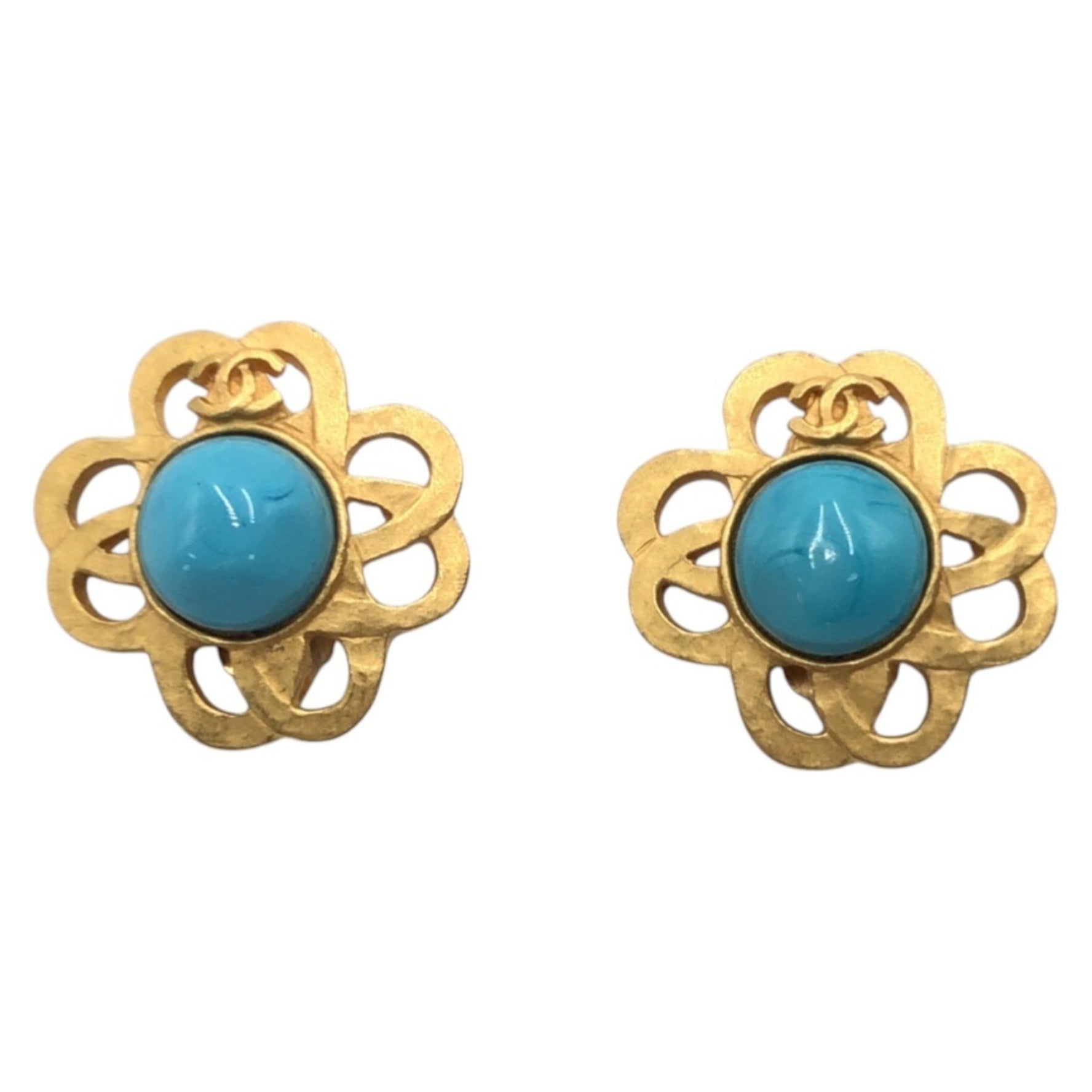 CHANEL Vintage Gripoa Coco Mark Gold Turquoise Metal Earrings for Women