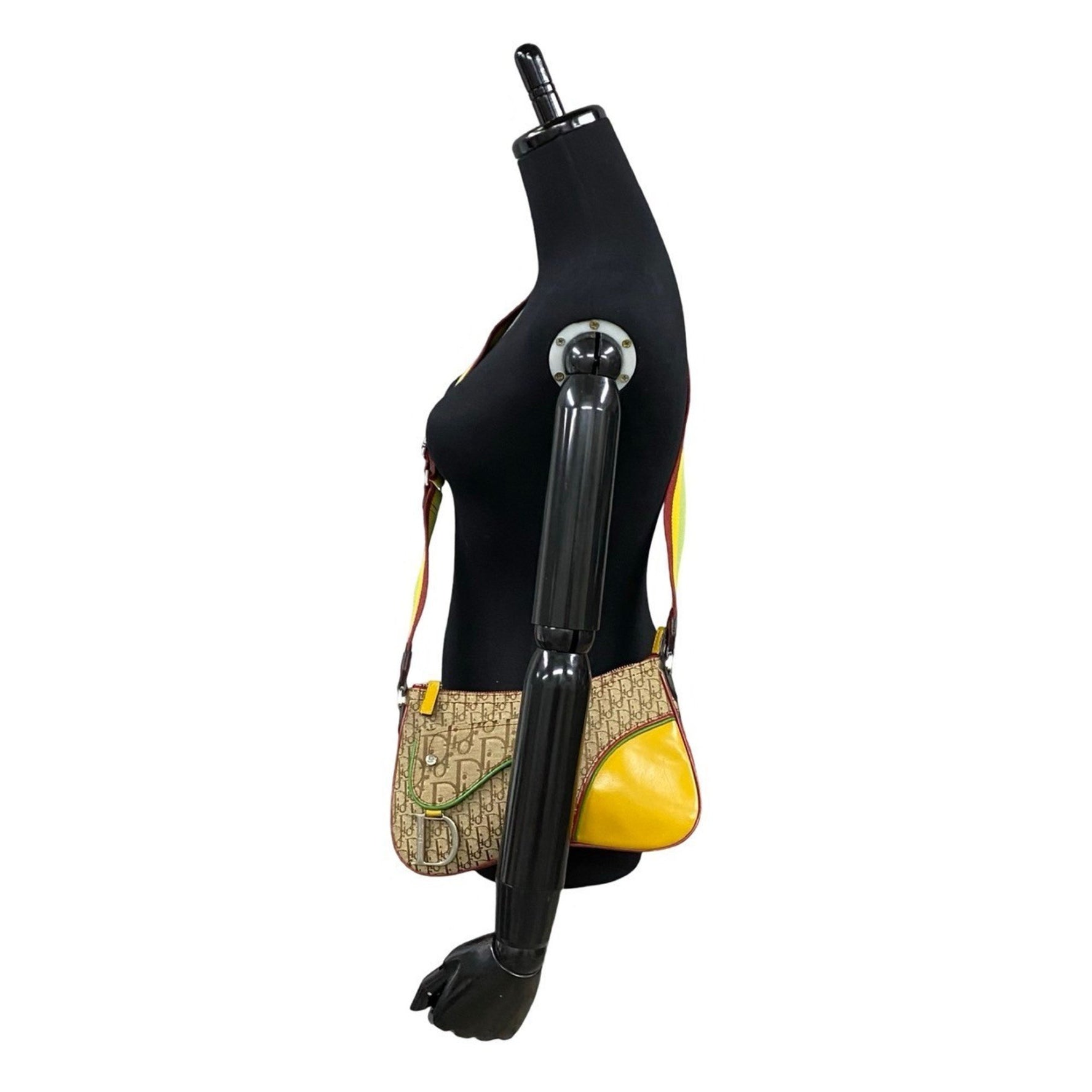 Christian Dior Saddle Bag Trotter Pattern Rasta Color Leather Canvas Shoulder Pochette