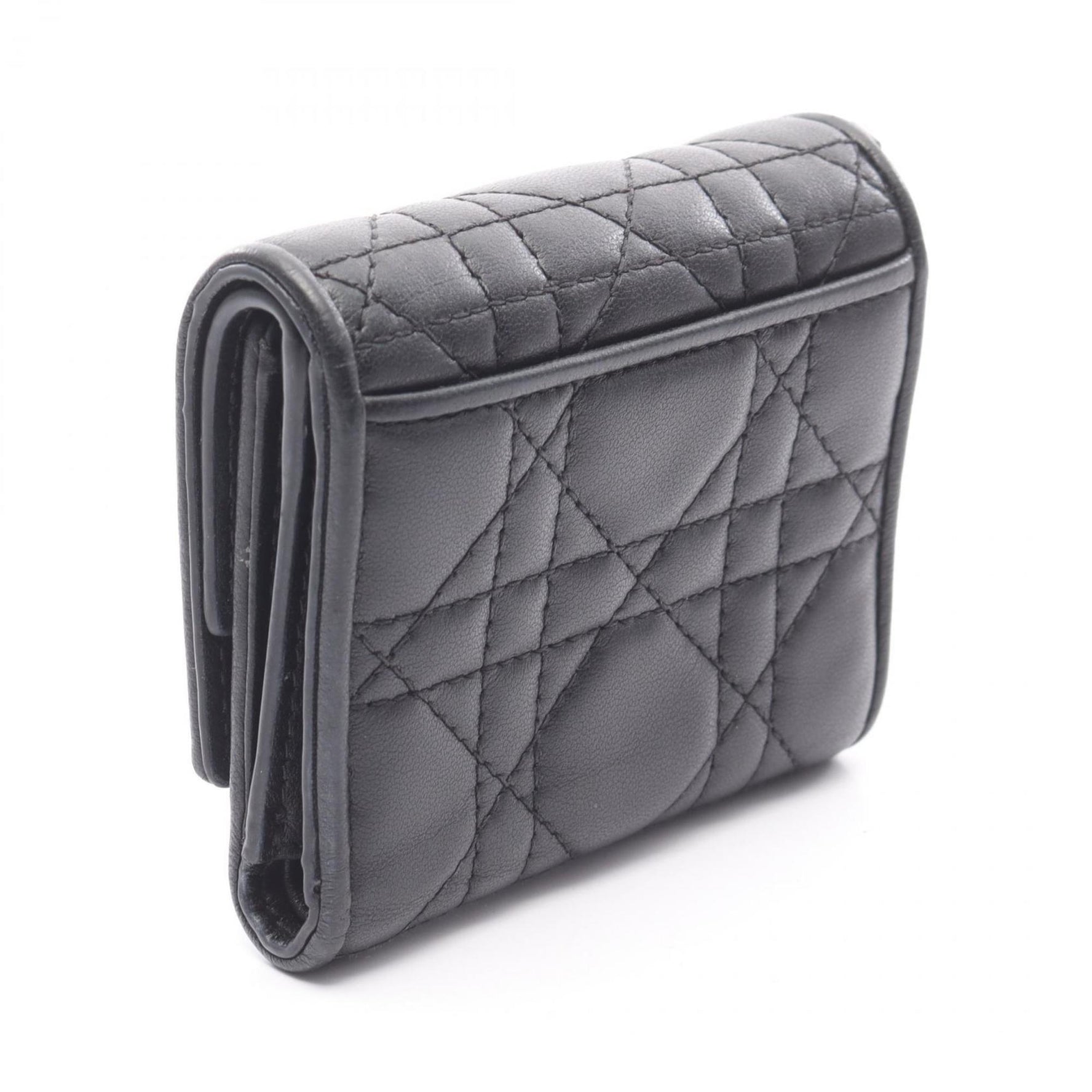 Christian Dior LADY DIOR Lotus Wallet, Tri-fold Leather Women's, Black