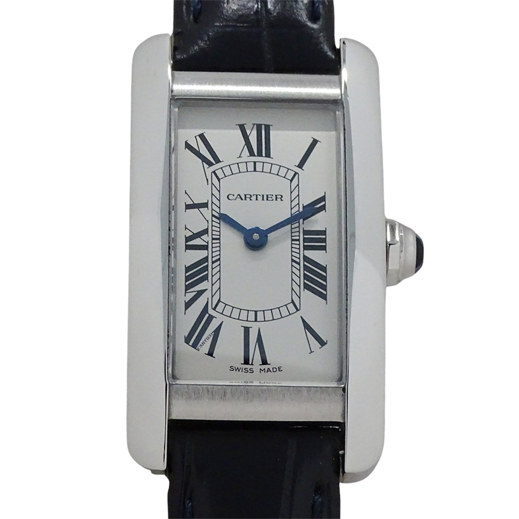 Cartier Tank Américaine SM Quartz Watch Stainless Steel, Leather, Silver, Black, Square, Polished