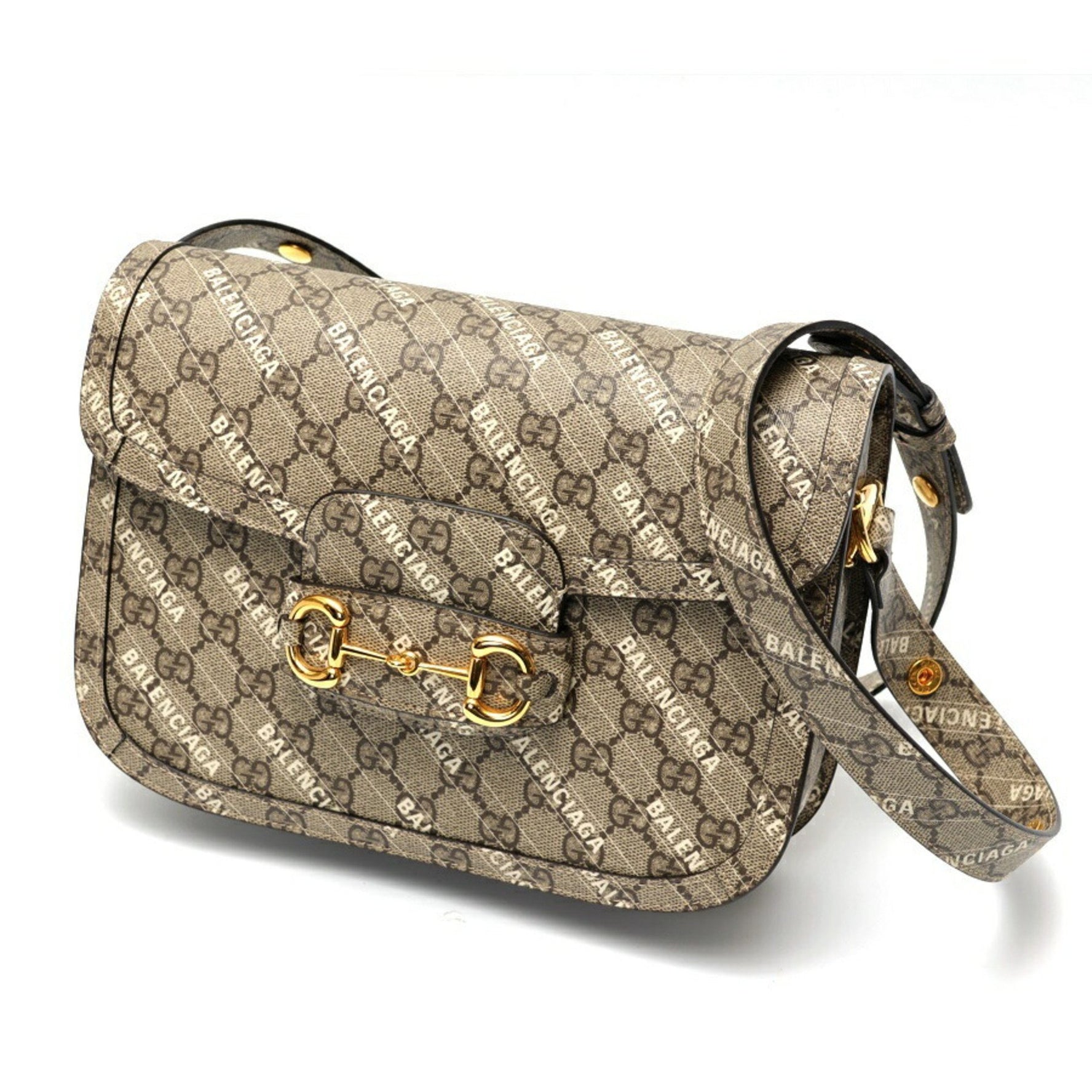 Gucci x Balenciaga Horsebit 1955 Shoulder Bag GG Supreme Greige E-157717