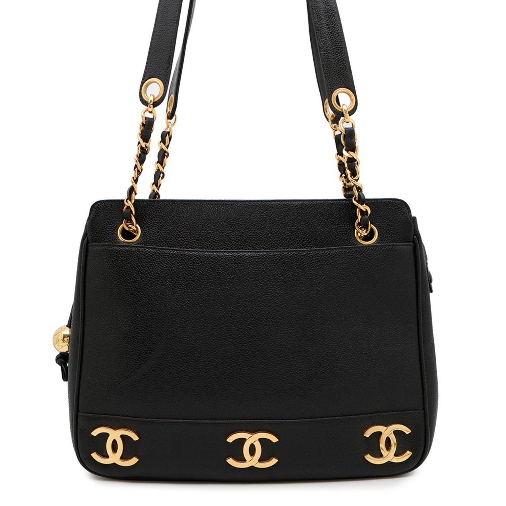 CHANEL Chain Tote Bag with Triple Coco Mark and Caviar Leather Double Shoulder A03675 Black