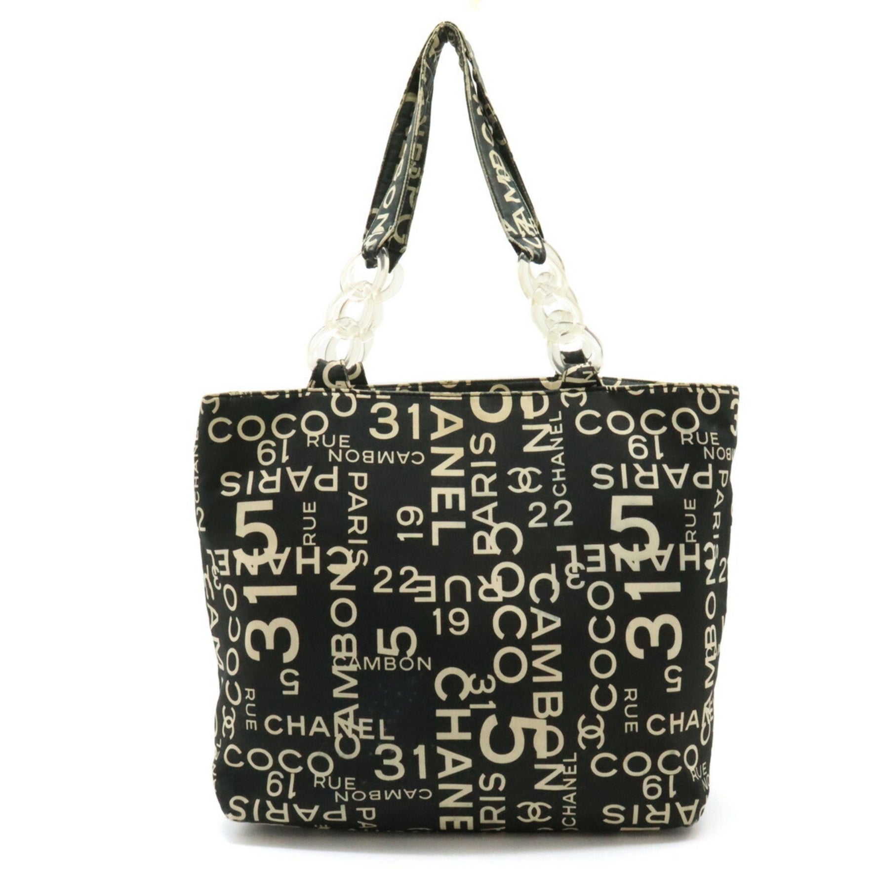CHANEL By Sea Line Tote Bag Large Shoulder Plastic Chain Canvas Black Ivory