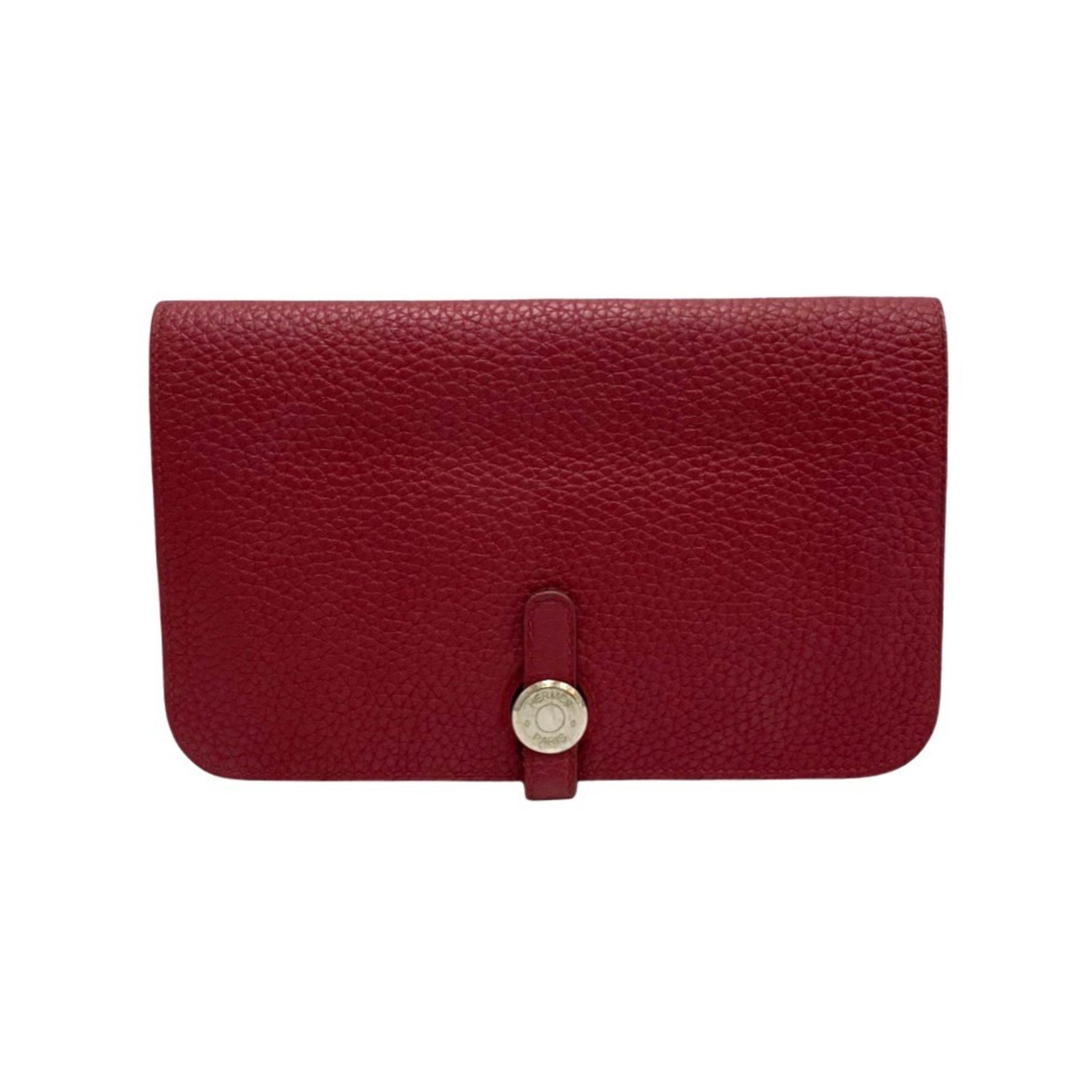 Engraved HERMES Dogon GM Taurillon Clemence Leather Genuine Bifold Long Wallet Red