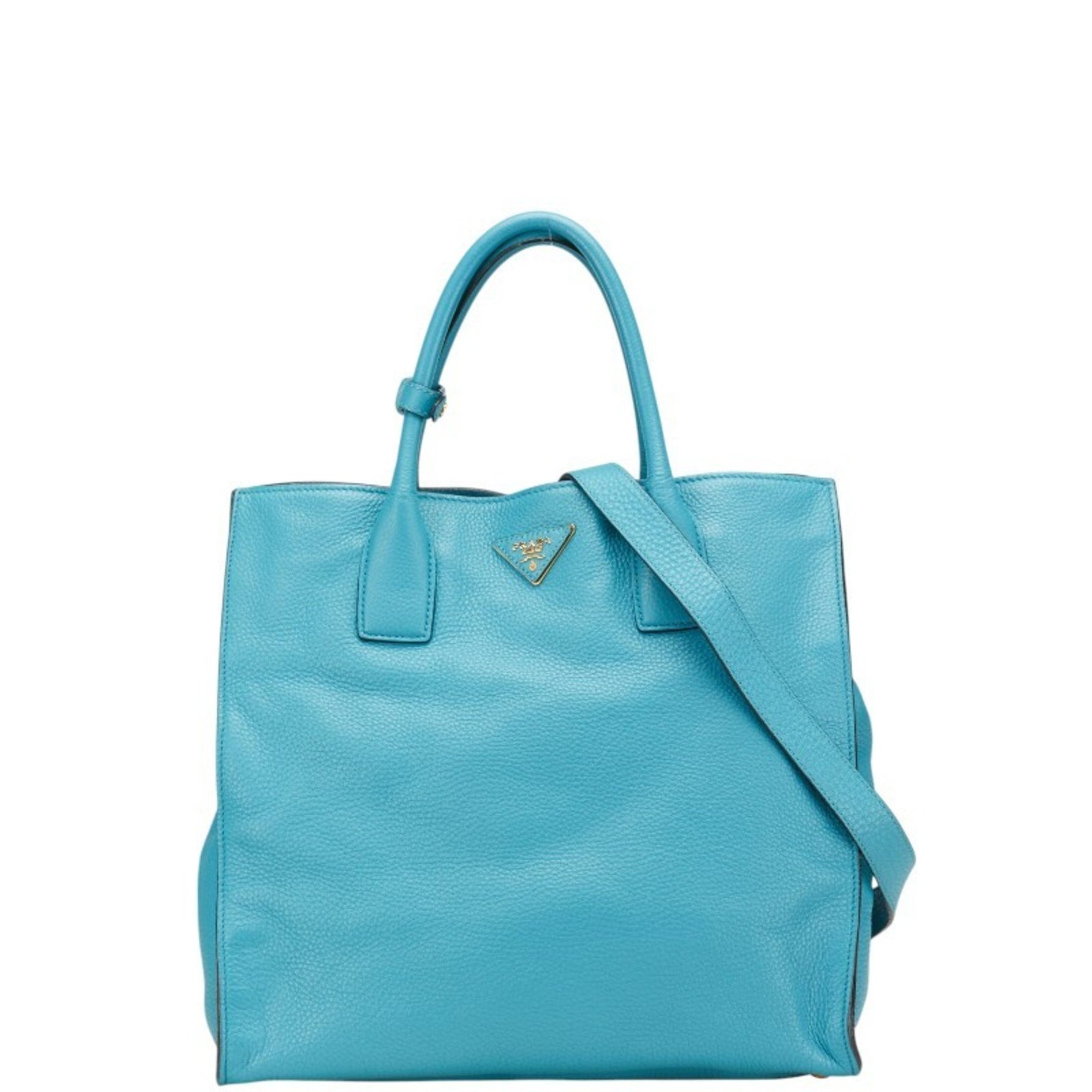Prada Triangle Logo Plate Handbag/Shoulder Bag, Light Blue Leather