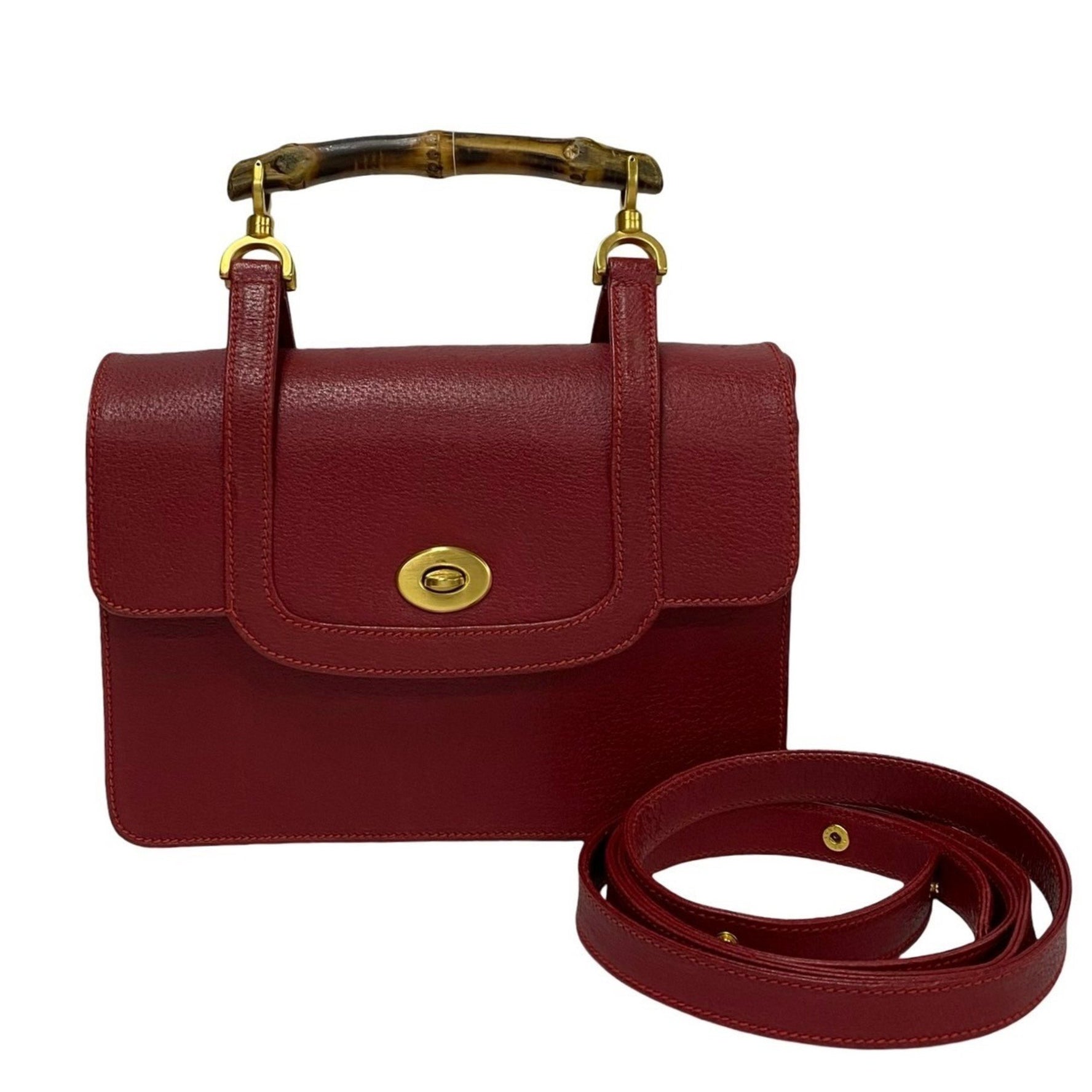GUCCI Old Gucci Bamboo Leather Genuine 2-Way Mini Shoulder Bag/Handbag Red