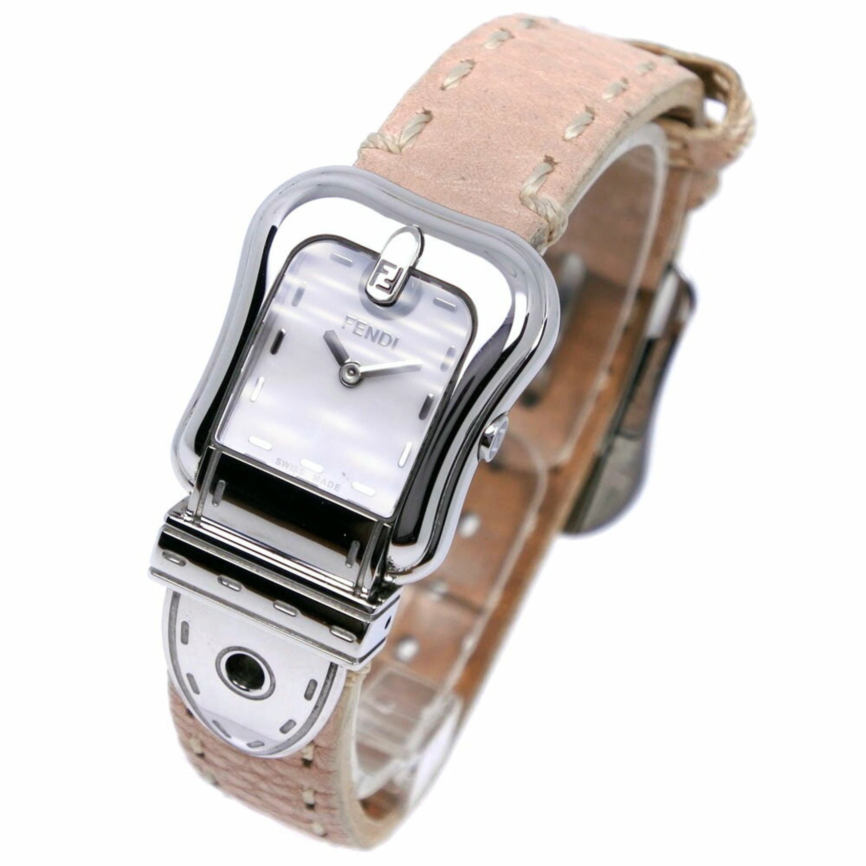 Fendi Befendi Watch Stainless Steel x Leather Pink Quartz Analog Display Ladies Shell Dial
