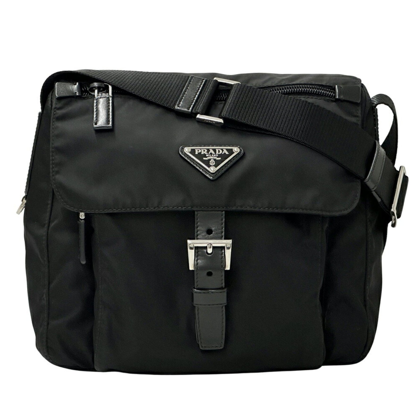 Prada Tessuto Triangle Nylon Shoulder Bag for Men and Women, Black, BT8994