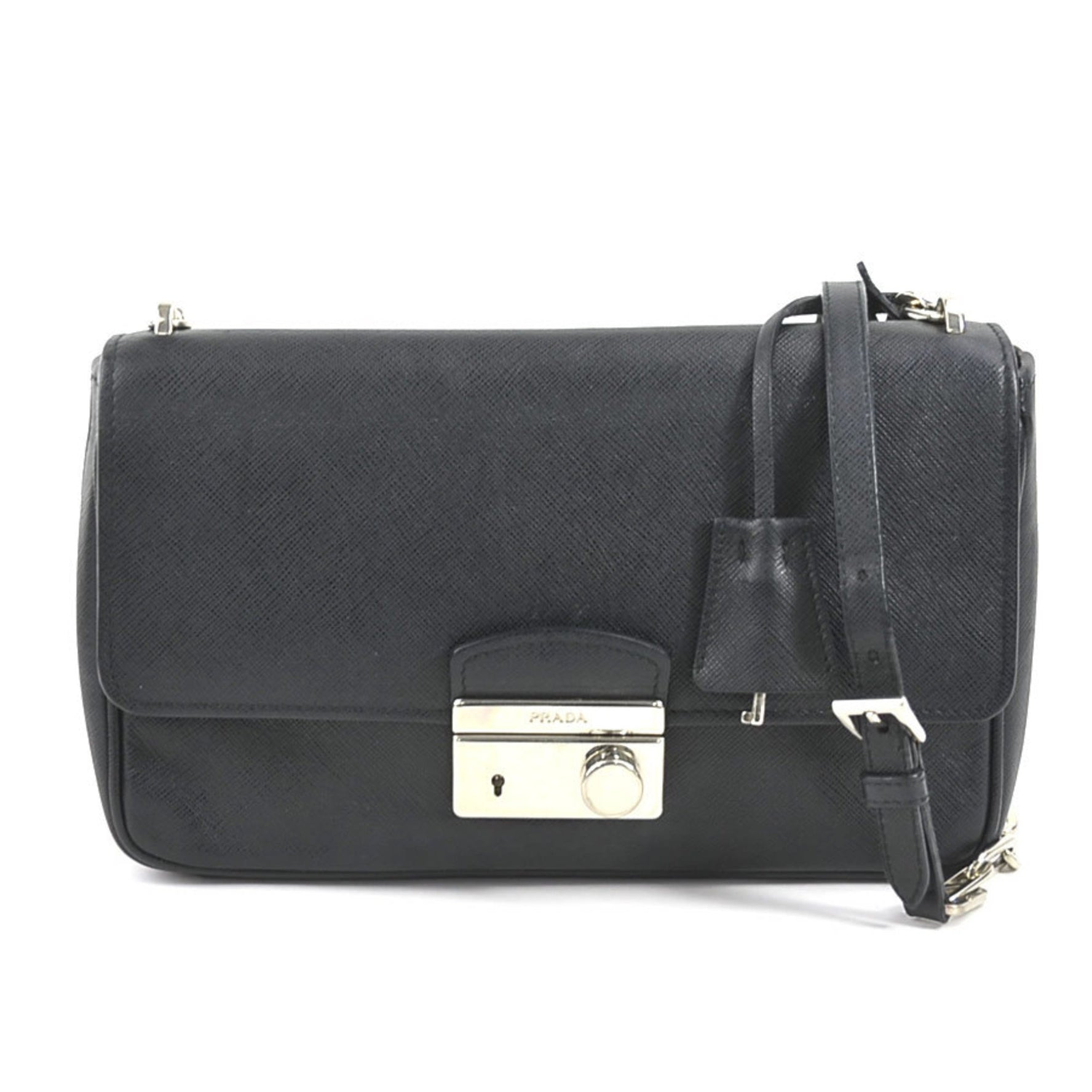 PRADA Crossbody Shoulder Bag Leather/Metal Black/Silver Women's
